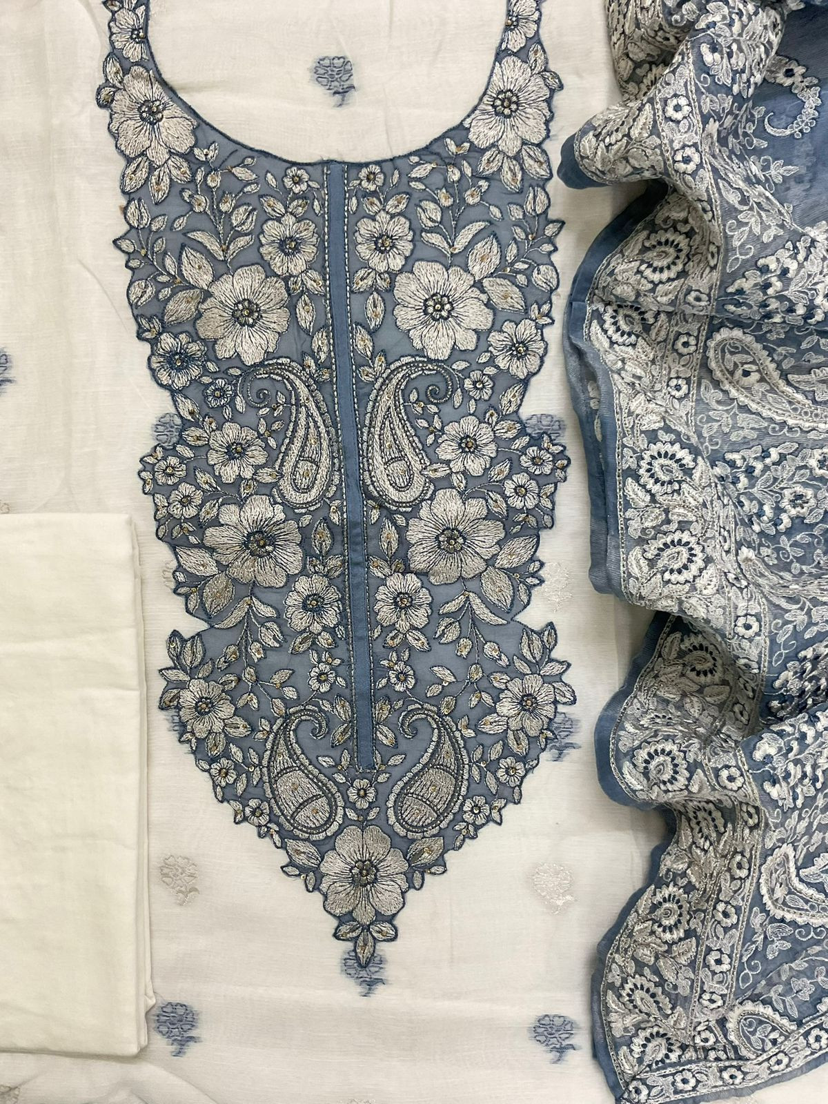 Pure Linen Chanderi Jamdani Weaved Embroidered Suit - Off White