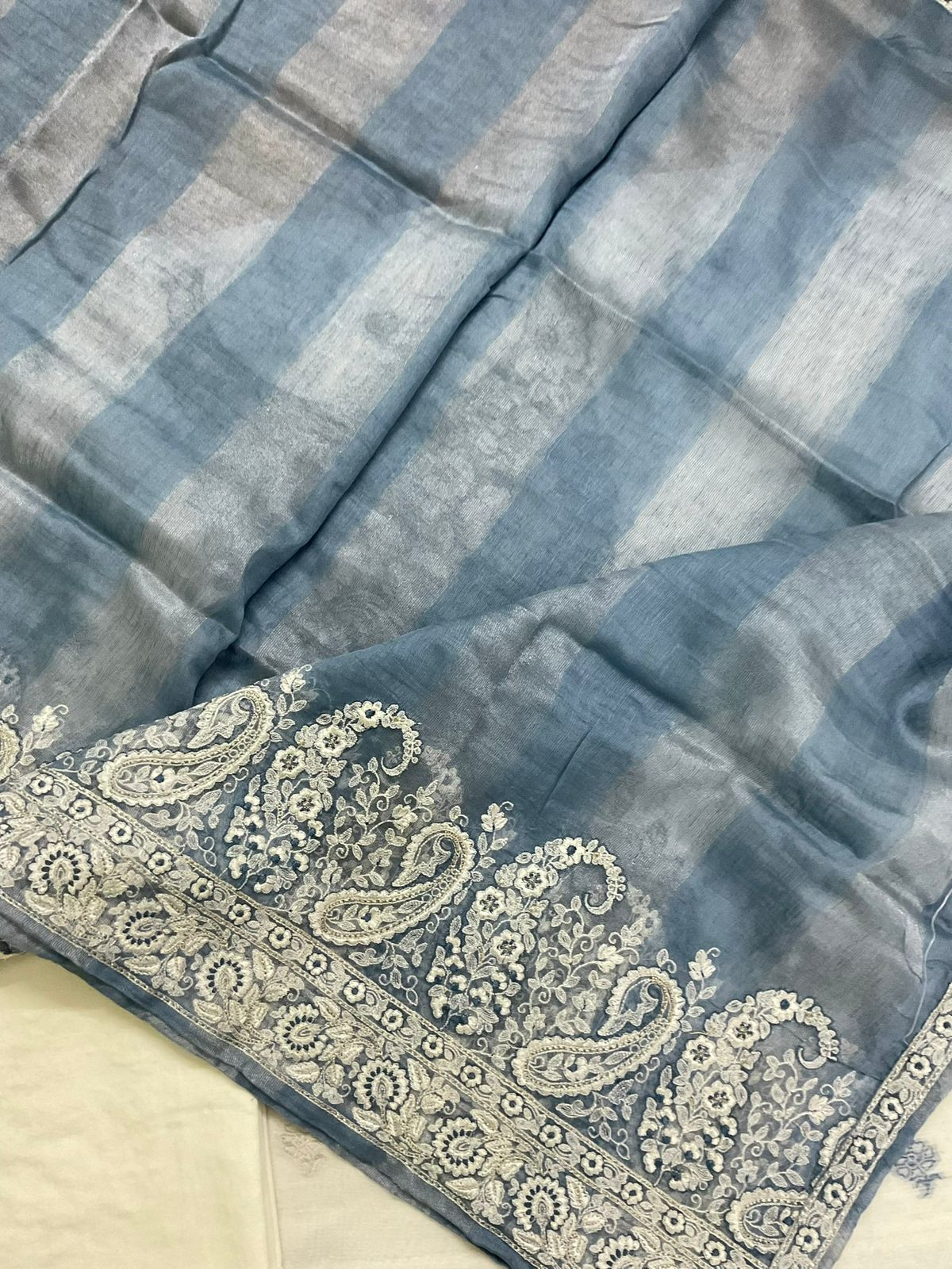 Pure Linen Chanderi Jamdani Weaved Embroidered Suit - Off White