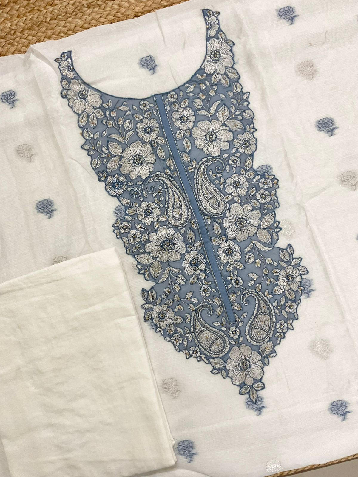 Pure Linen Chanderi Jamdani Weaved Embroidered Suit - Off White