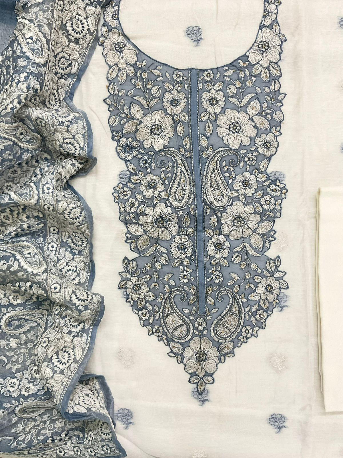 Pure Linen Chanderi Jamdani Weaved Embroidered Suit - Off White