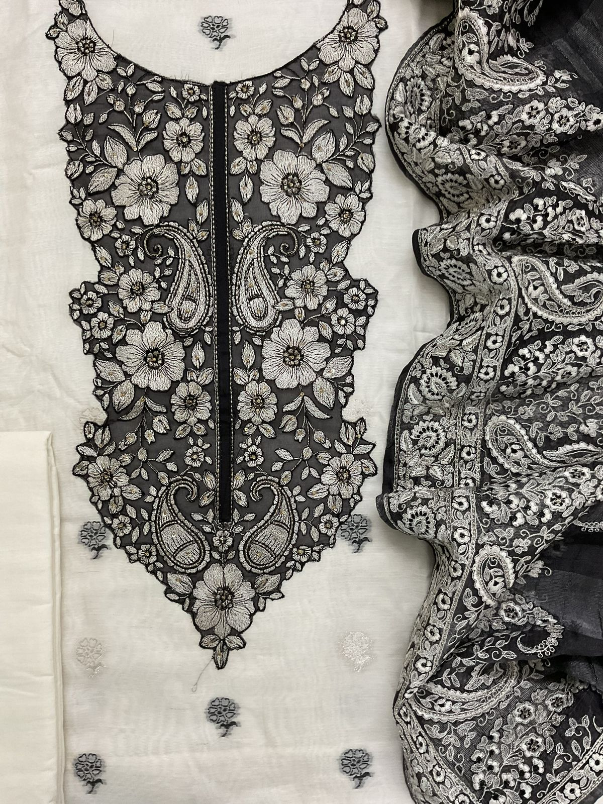 Pure Linen Chanderi Jamdani Weaved Embroidered Suit - Off White