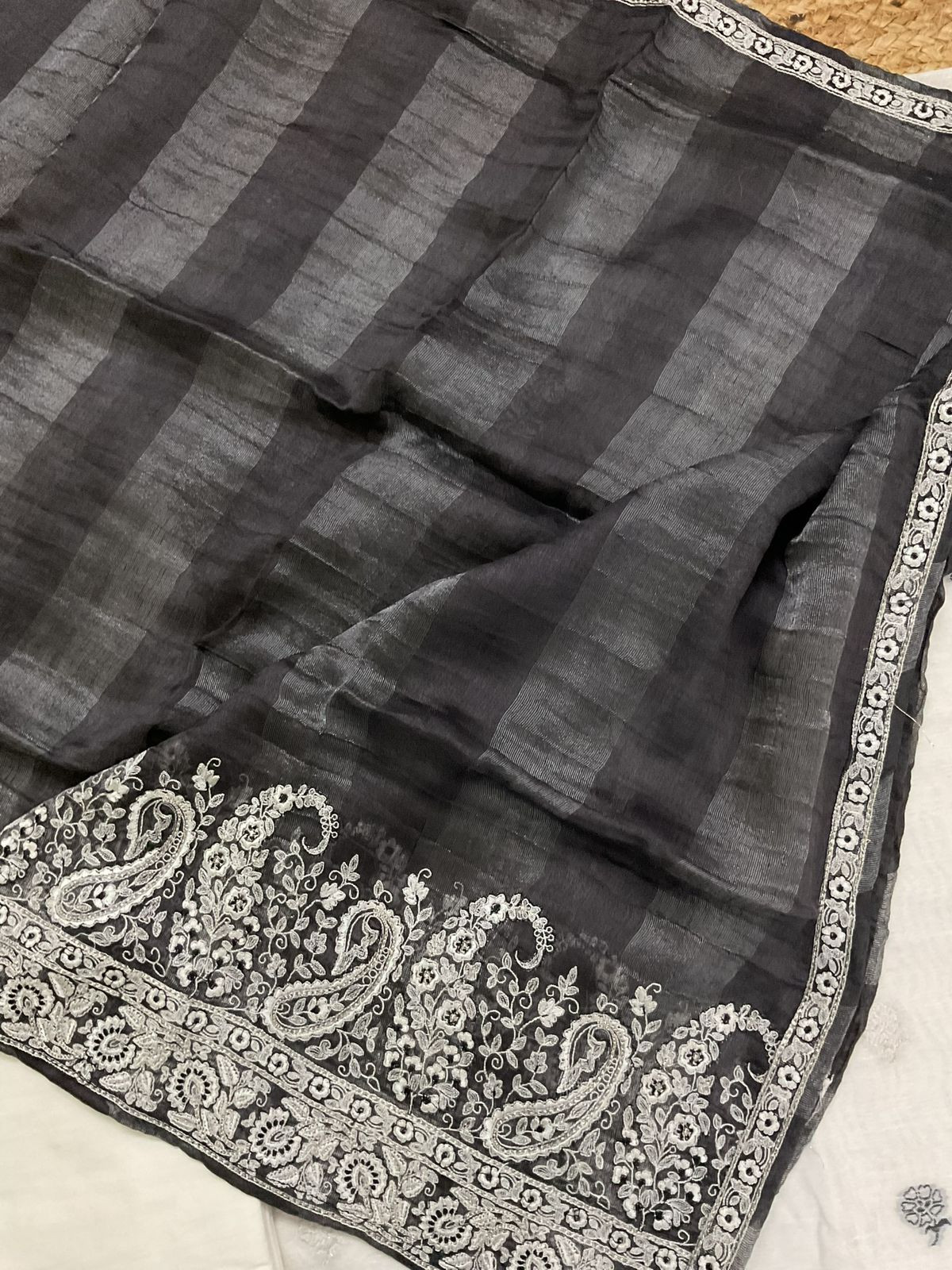 Pure Linen Chanderi Jamdani Weaved Embroidered Suit - Off White