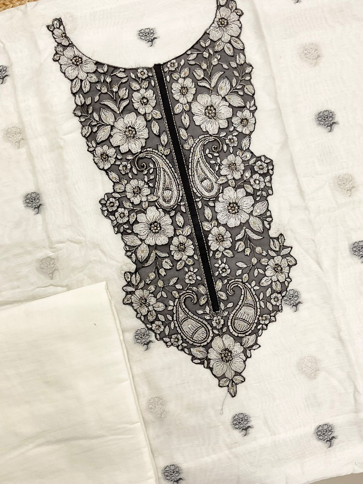 Pure Linen Chanderi Jamdani Weaved Embroidered Suit - Off White