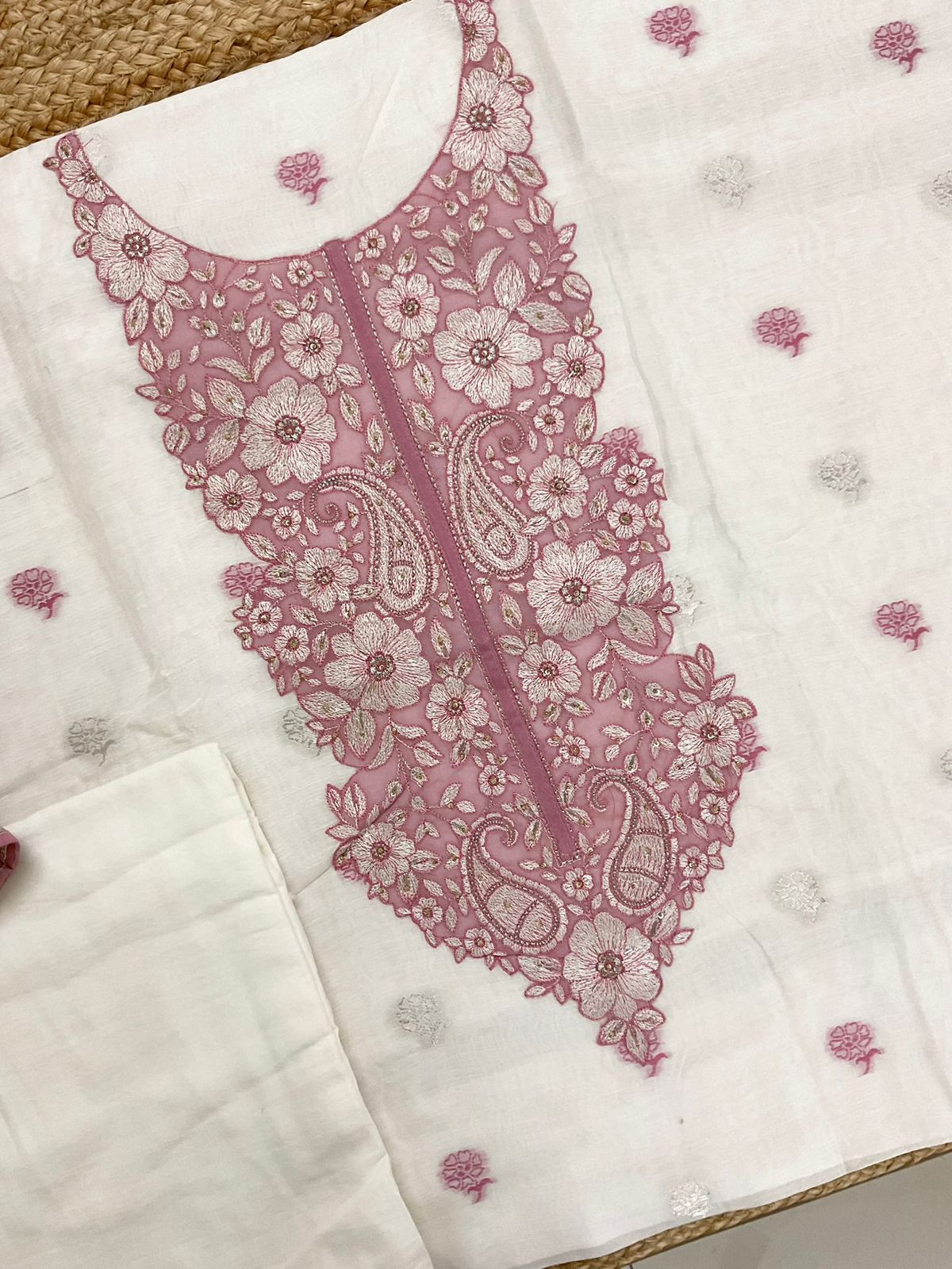 Pure Linen Chanderi Jamdani Weaved Embroidered Suit - Off White