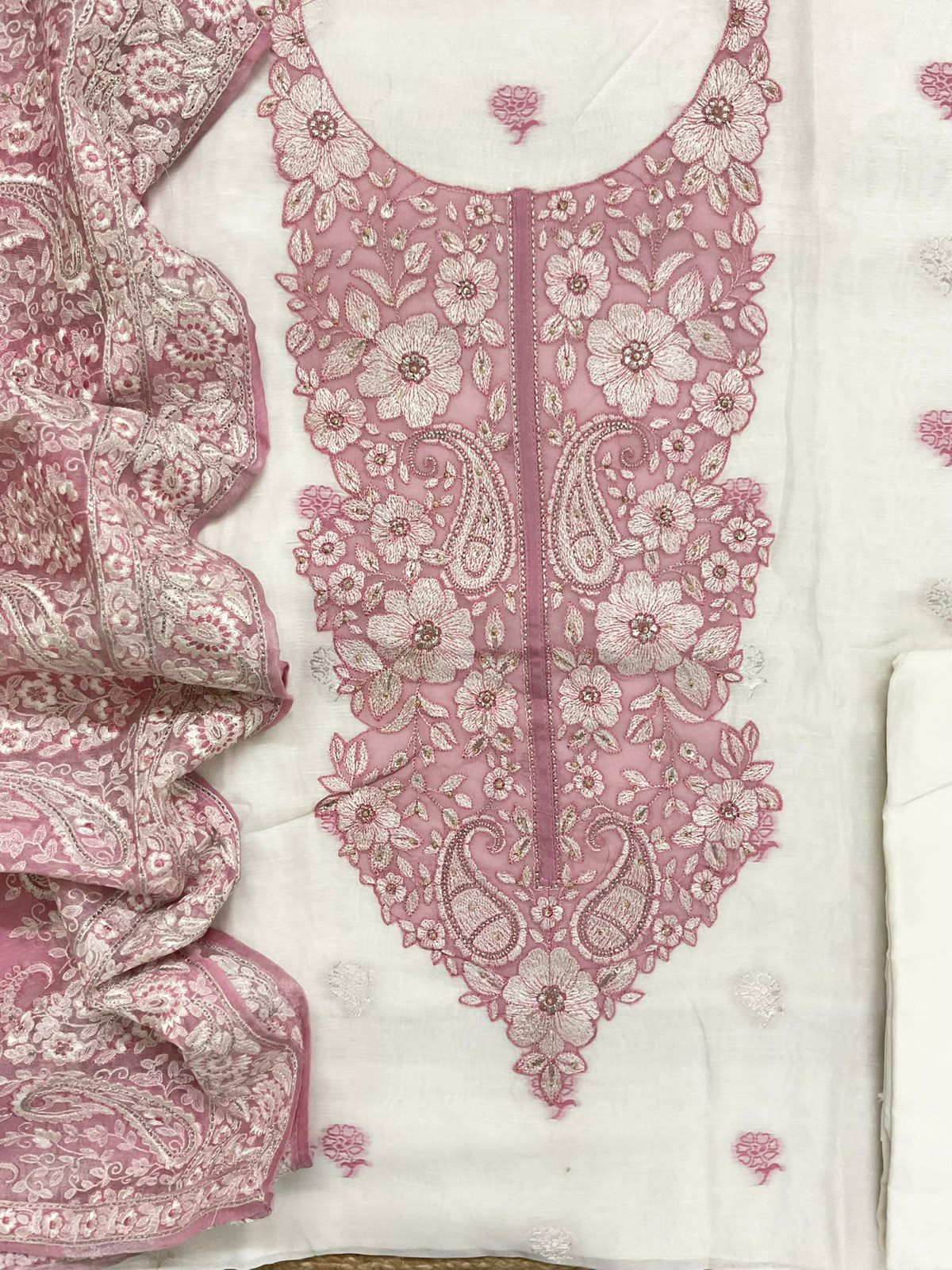 Pure Linen Chanderi Jamdani Weaved Embroidered Suit - Off White