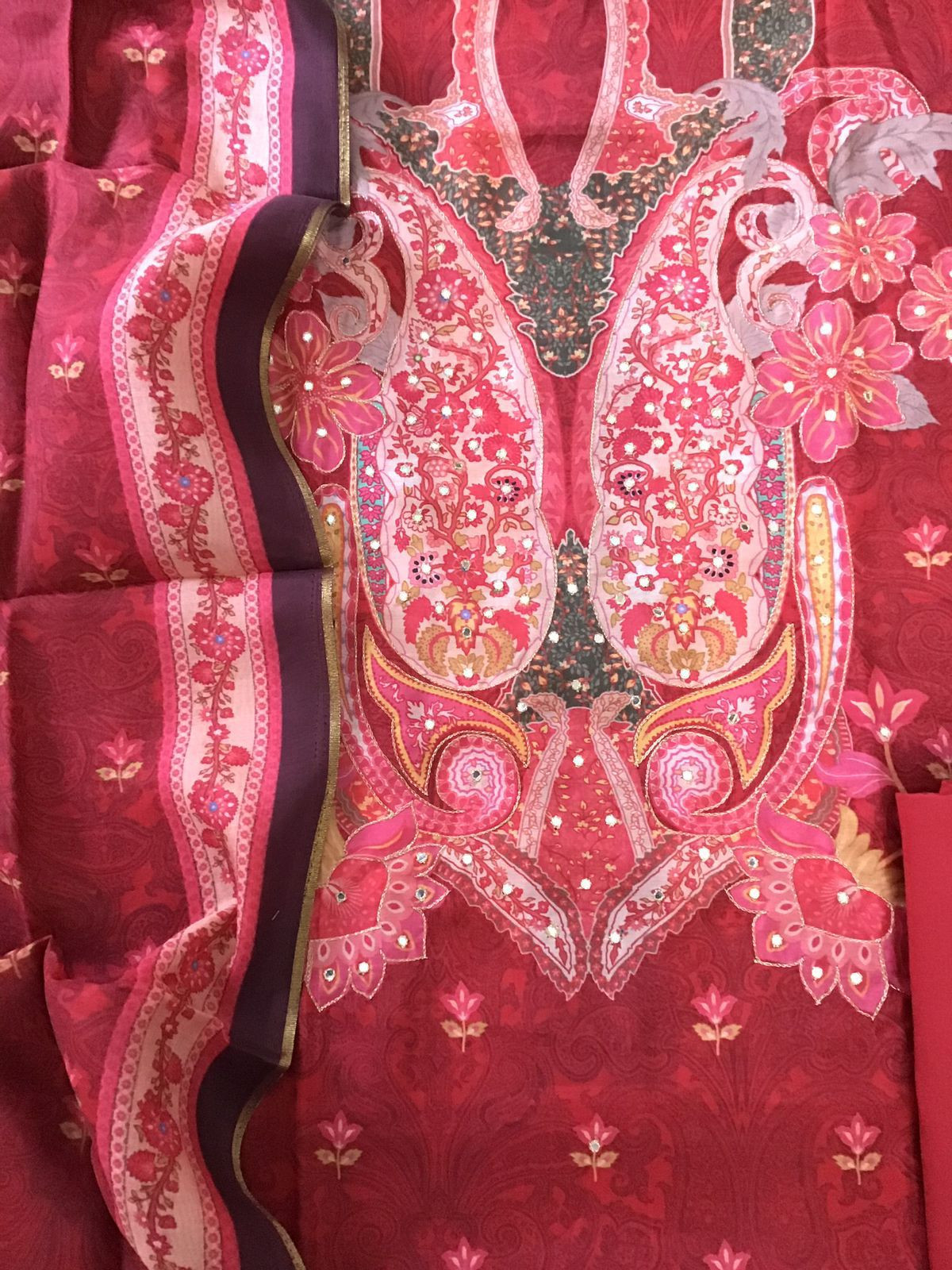 Pure Muslin Printed Embroidered Suit - Dark Red