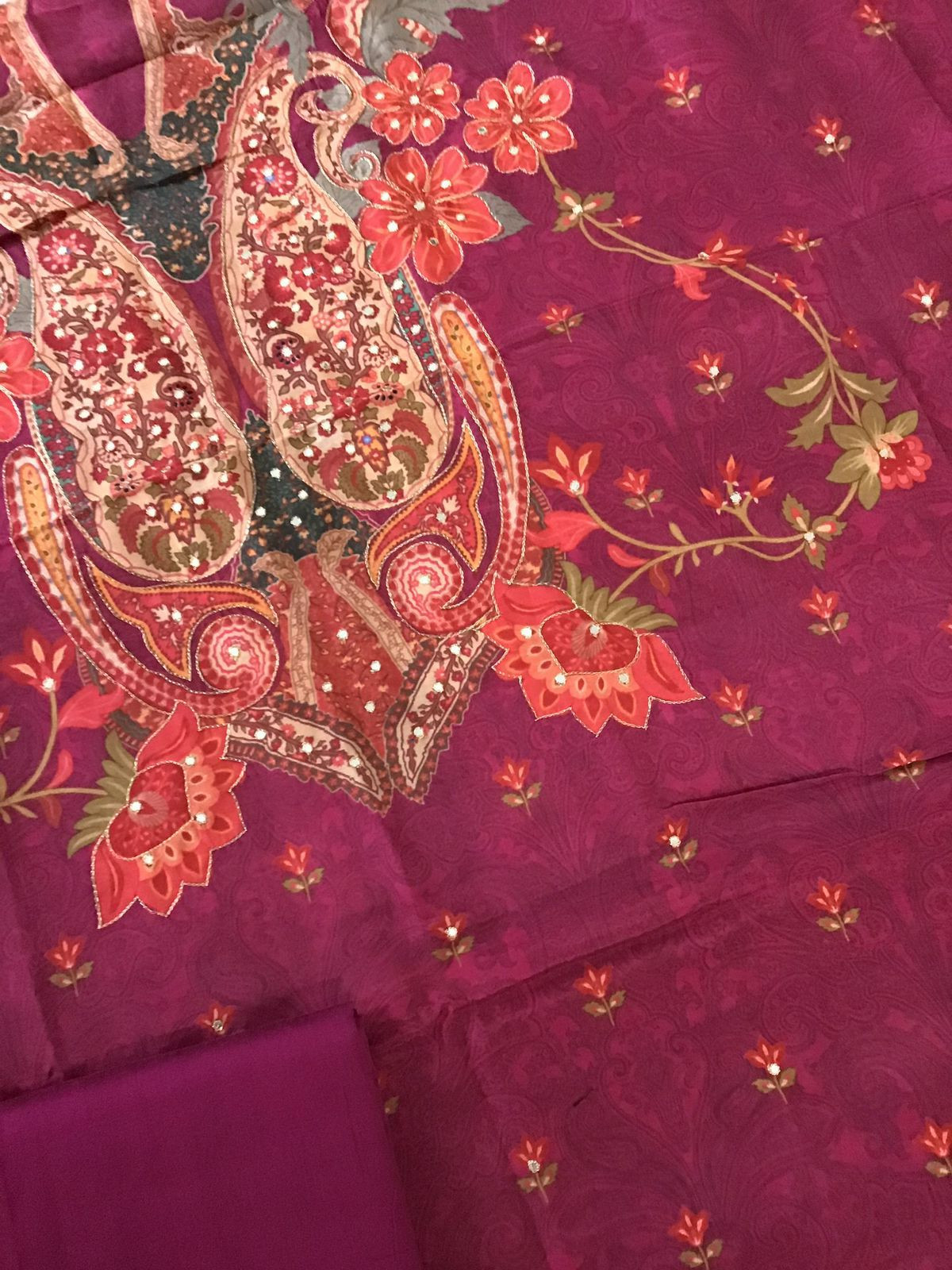 Pure Muslin Printed Embroidered Suit - Dark Pink