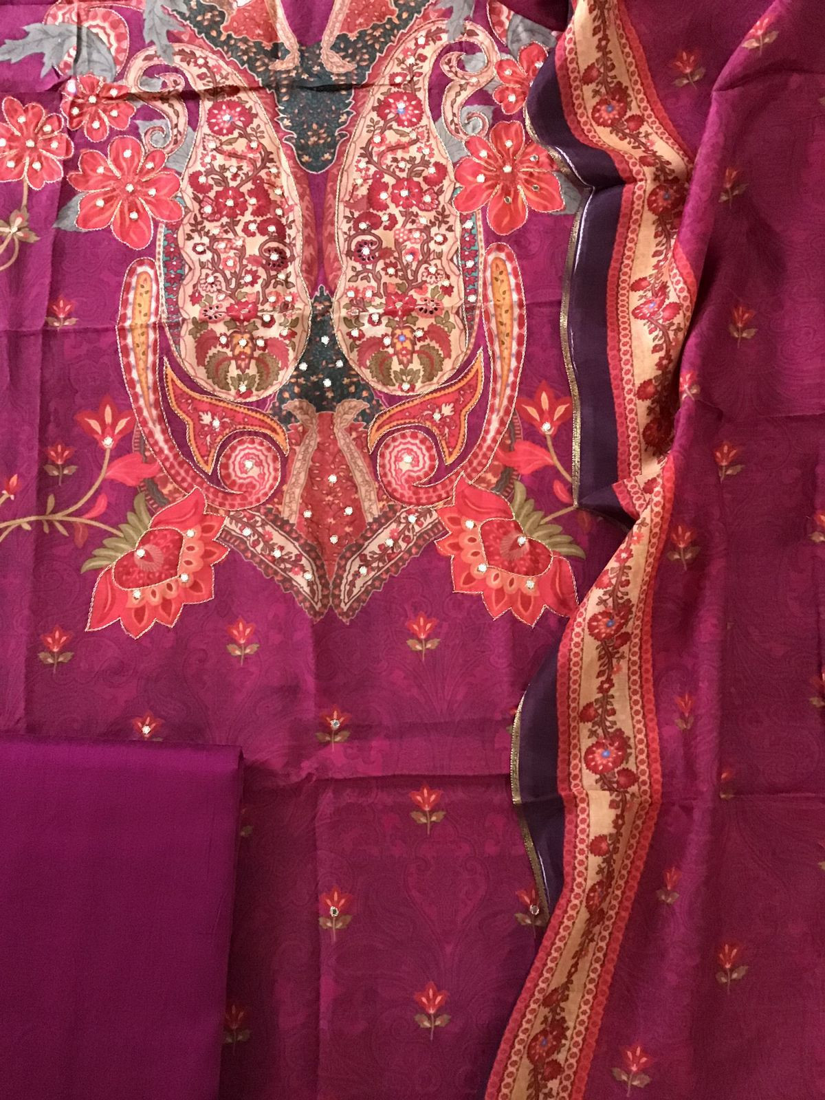 Pure Muslin Printed Embroidered Suit - Dark Pink