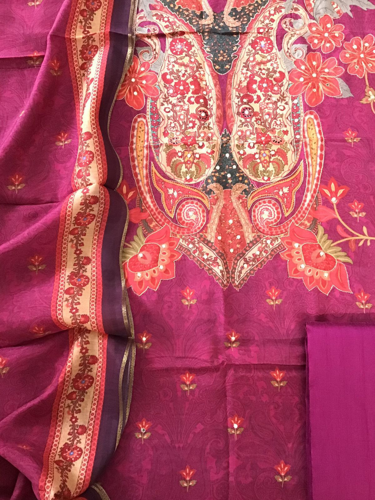 Pure Muslin Printed Embroidered Suit - Dark Pink