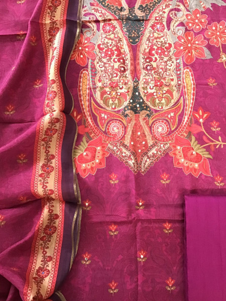 Image of Pure Muslin Printed Embroidered Suit - Dark Pink