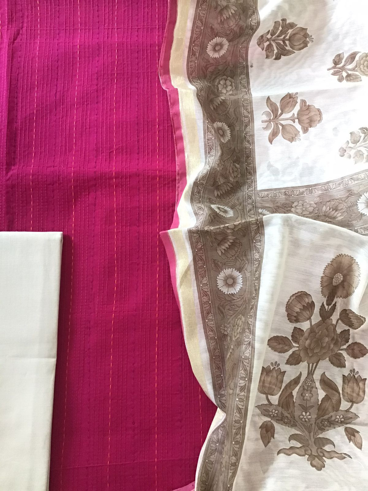 Pure Handloom Cotton Printed Embroidered Suit - Pink