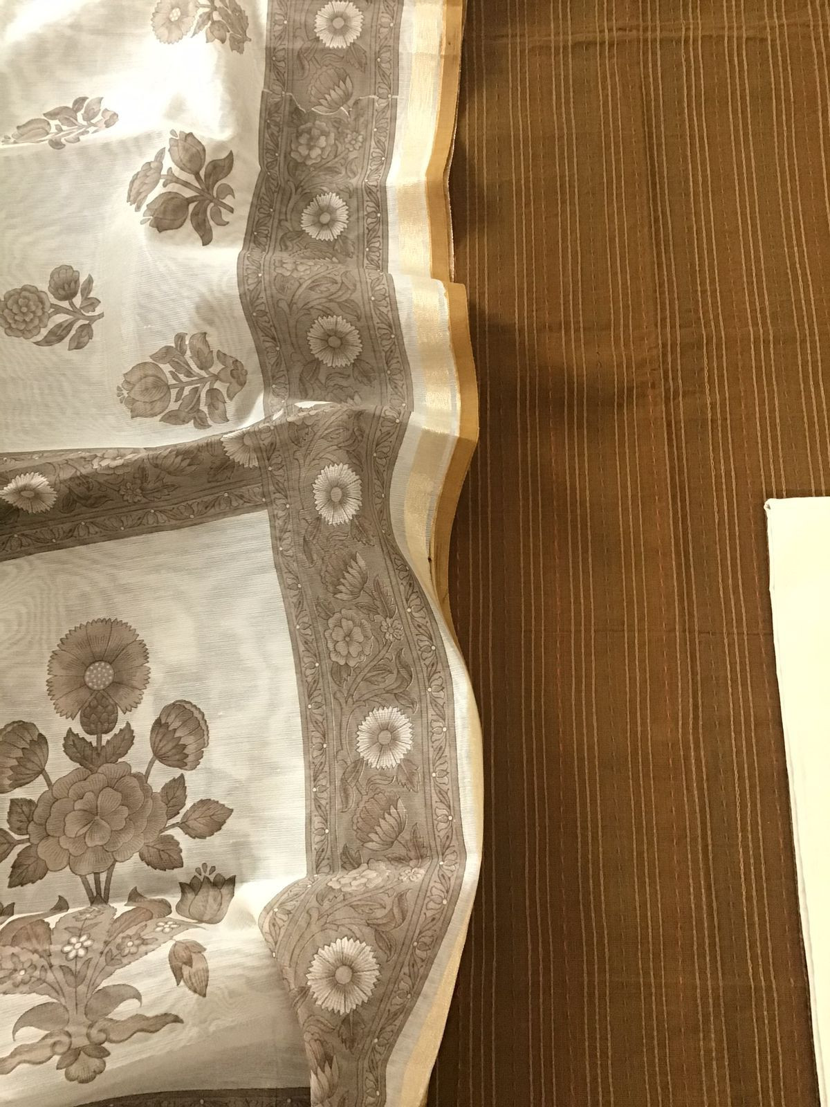 Pure Handloom Cotton Printed Embroidered Suit - Brown