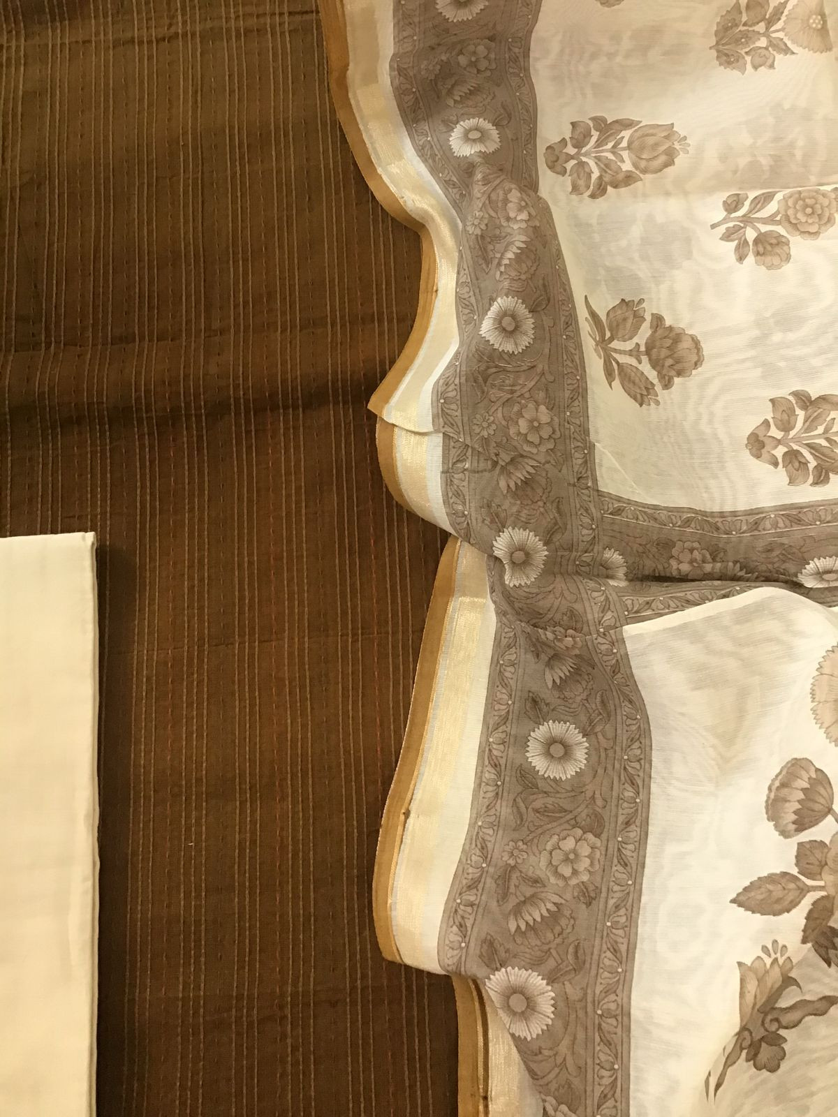 Pure Handloom Cotton Printed Embroidered Suit - Brown