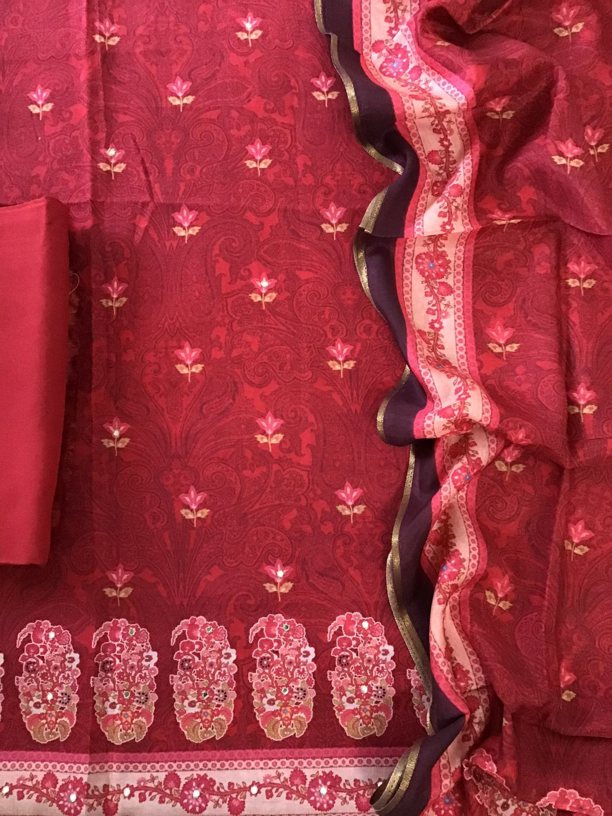 Pure Muslin Printed Embroidered Suit - Dark Red