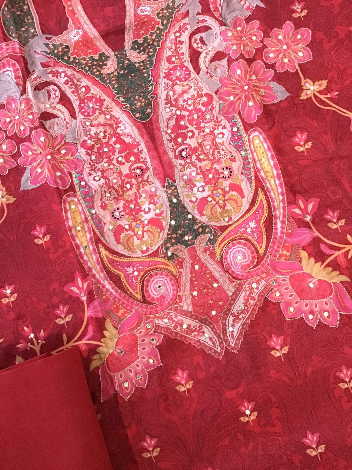 Pure Muslin Printed Embroidered Suit - Dark Red