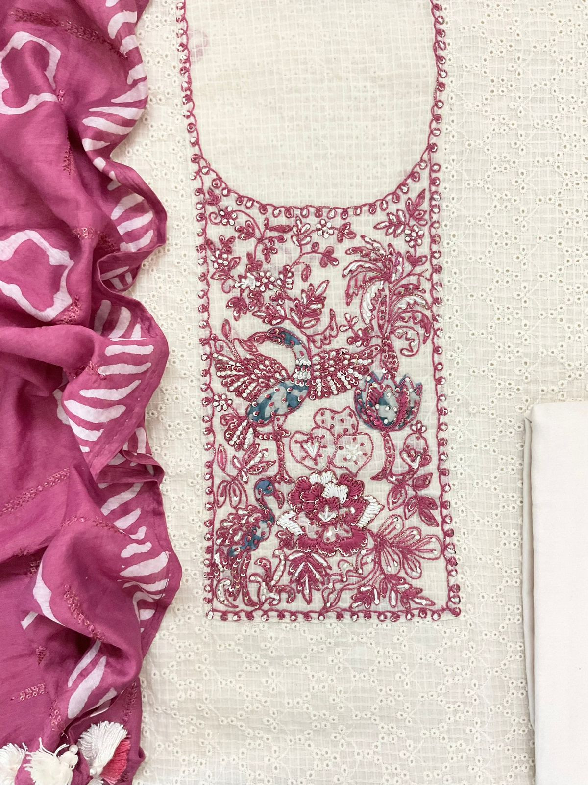 Pure Cotton Printed Embroidered Suit - Off White