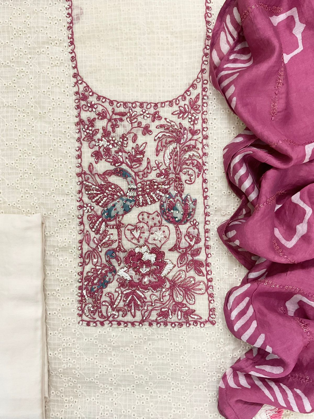 Pure Cotton Printed Embroidered Suit - Off White