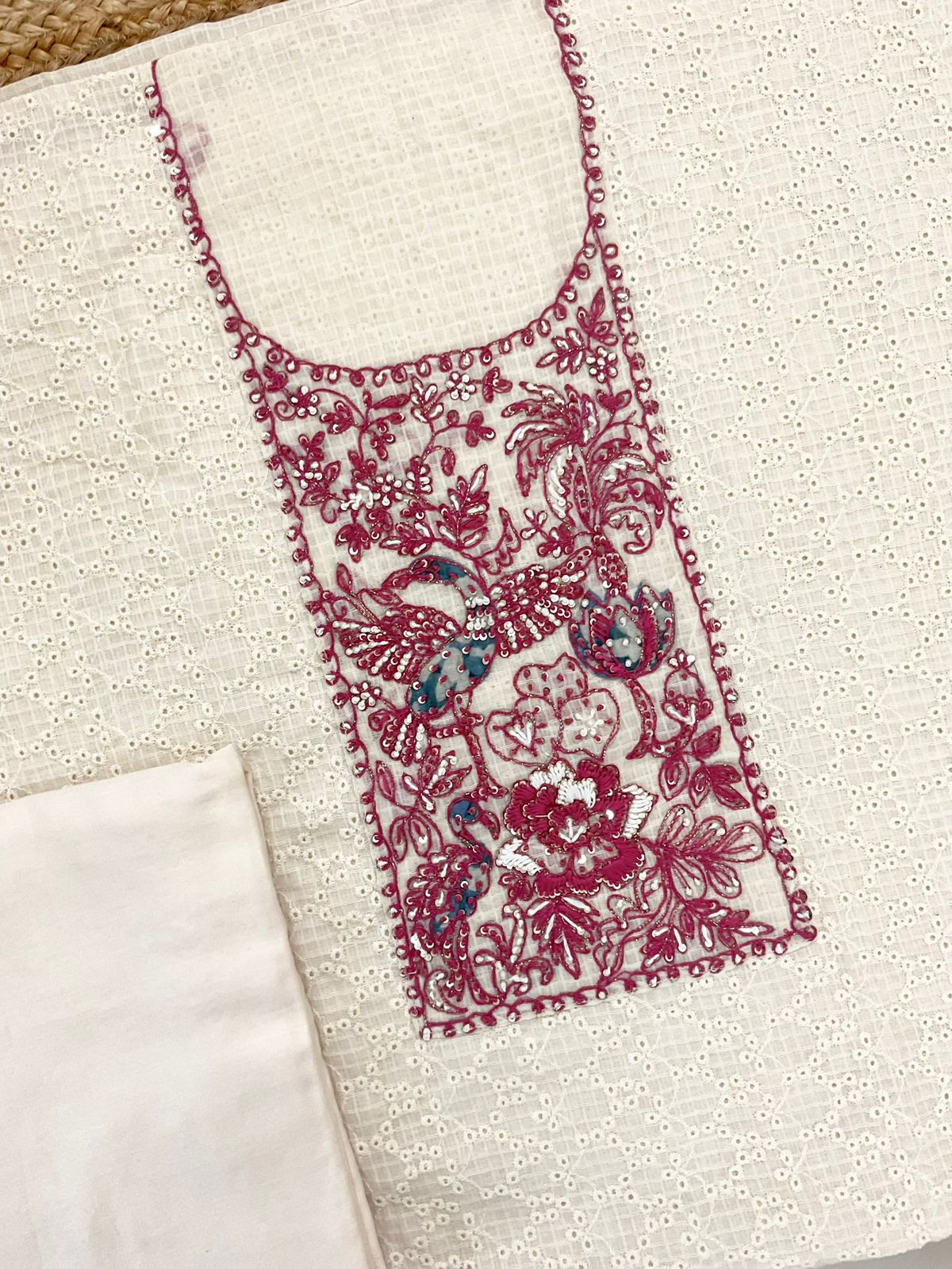 Pure Cotton Printed Embroidered Suit - Off White