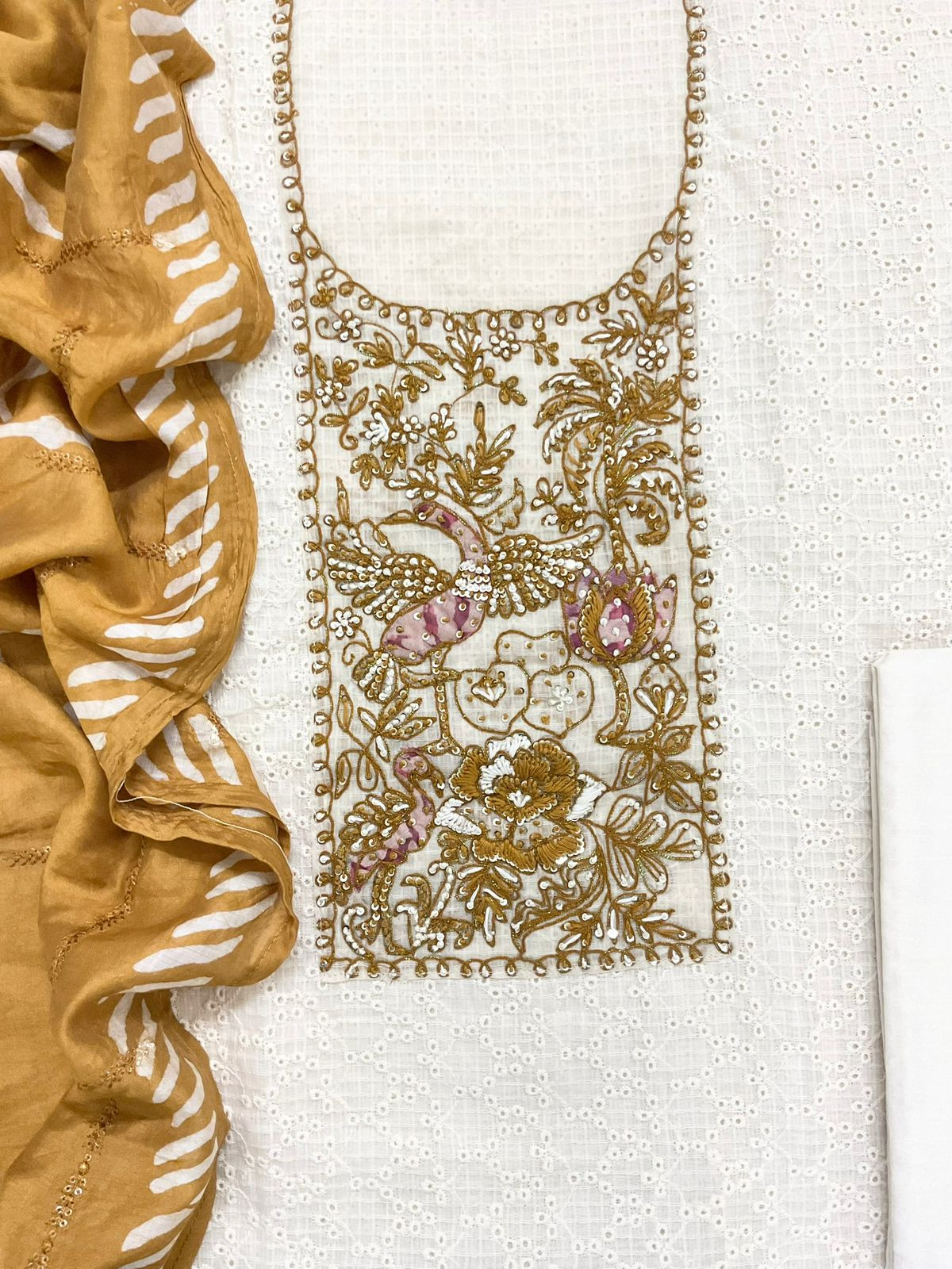 Pure Cotton Printed Embroidered Suit - Off White