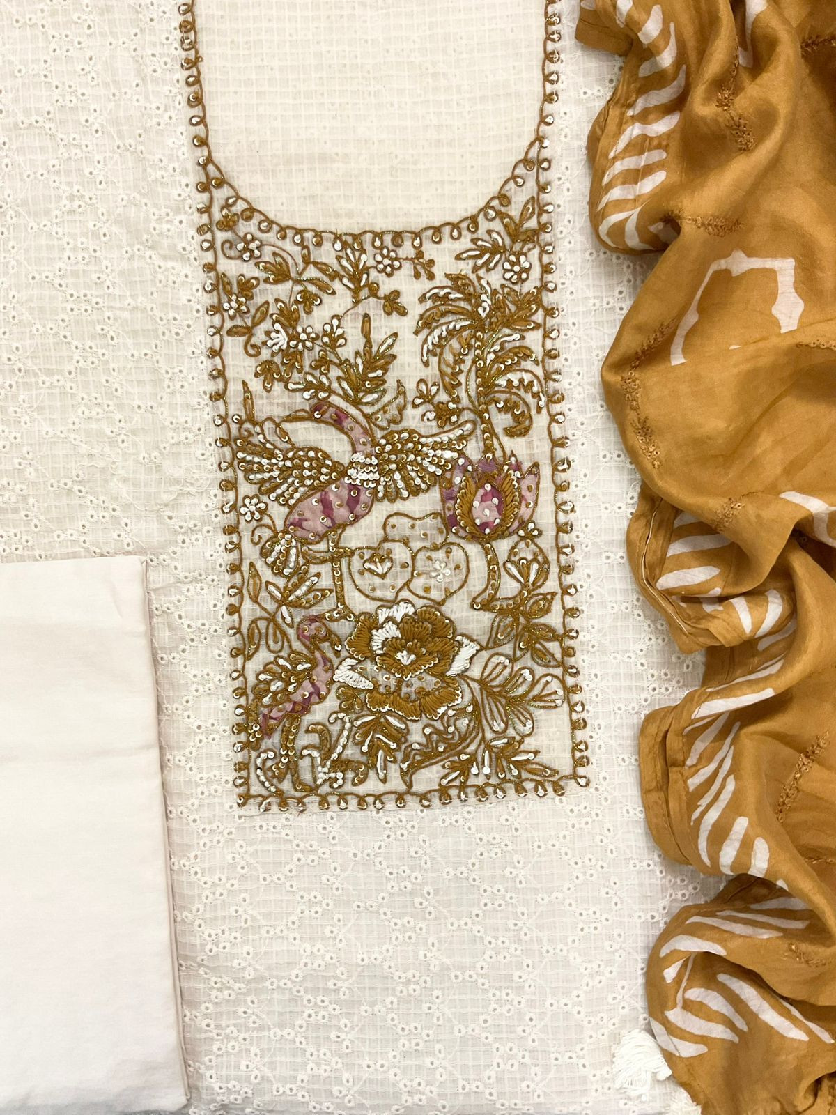 Pure Cotton Printed Embroidered Suit - Off White