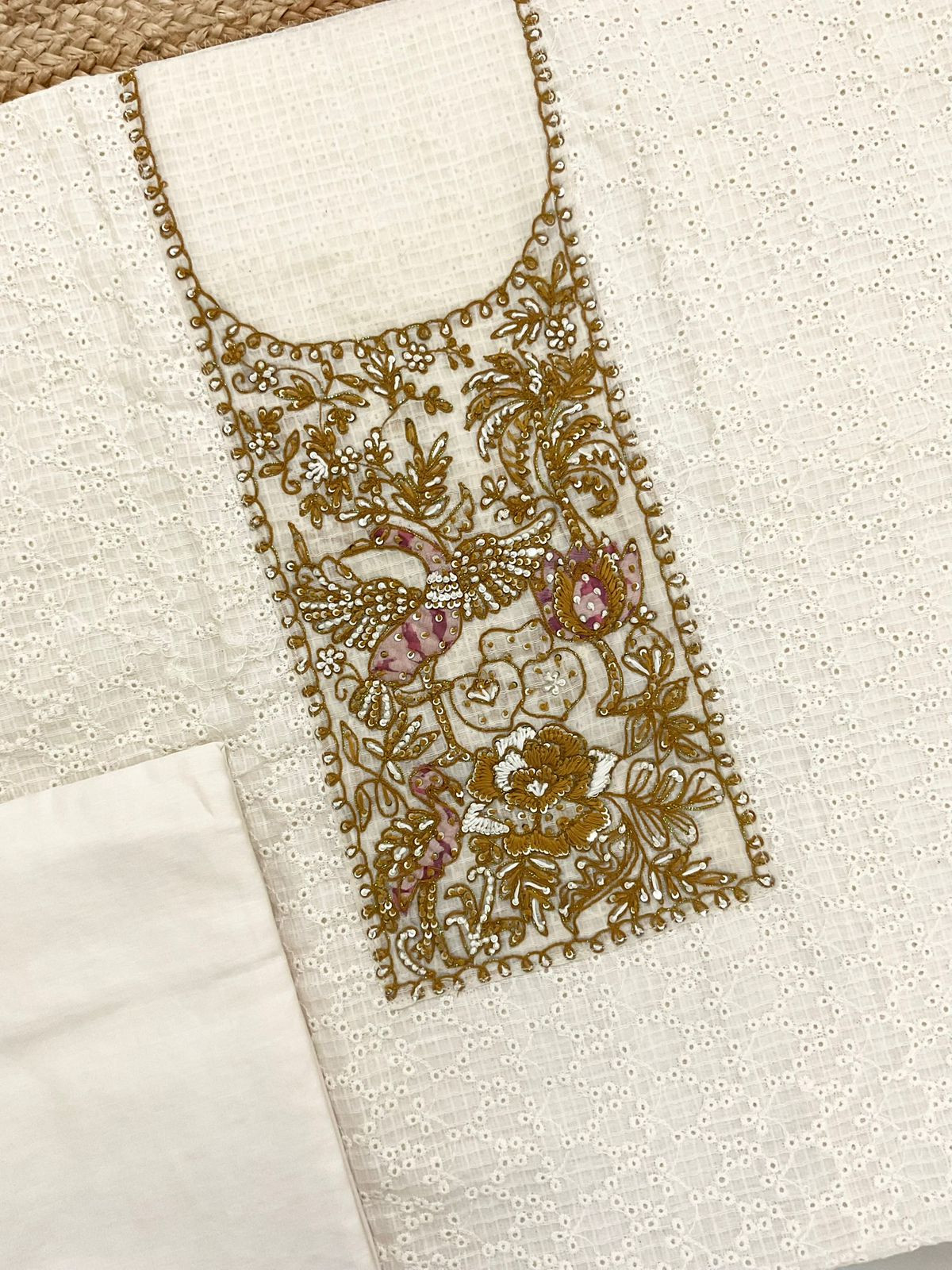 Pure Cotton Printed Embroidered Suit - Off White