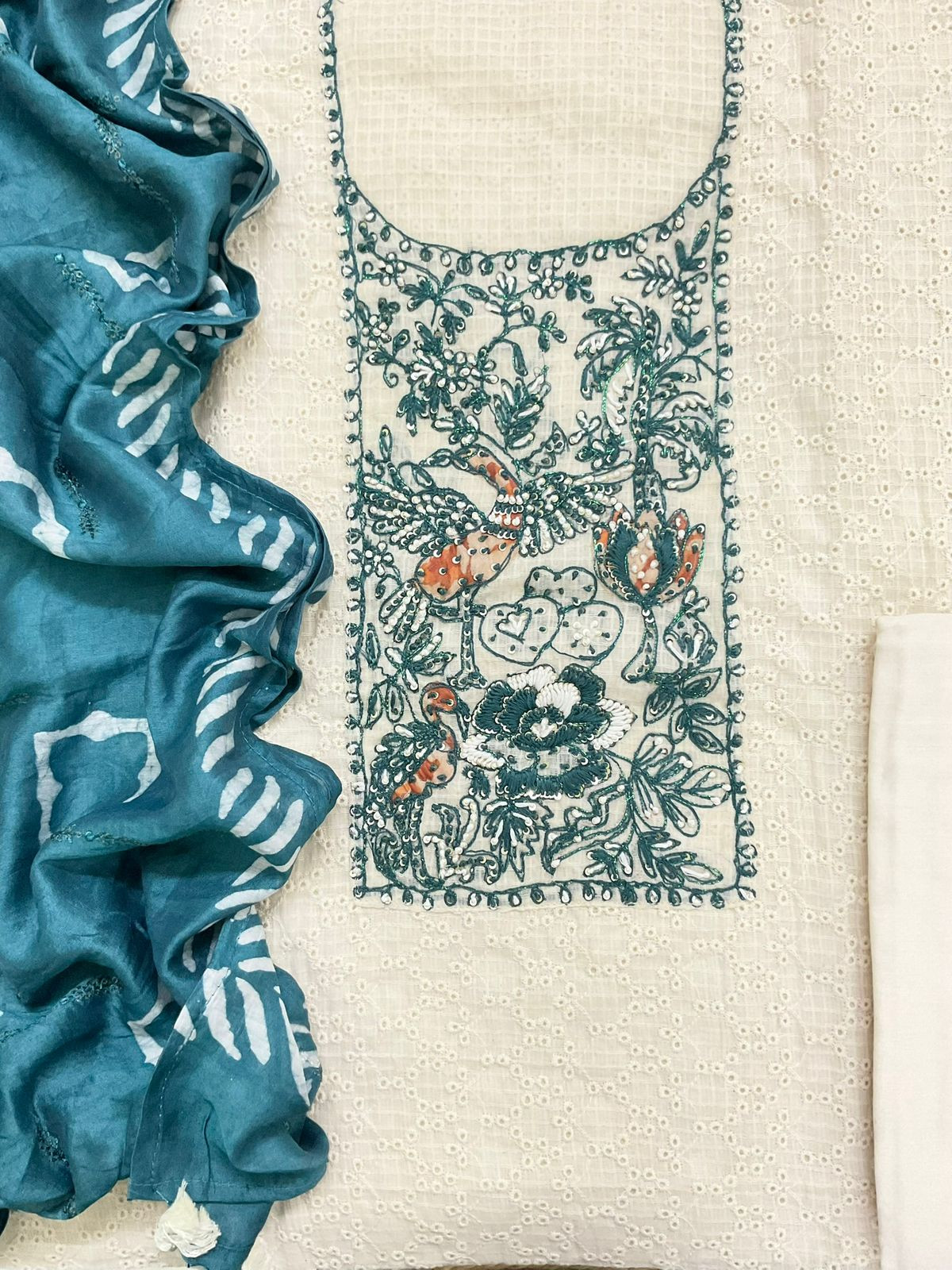 Pure Cotton Printed Embroidered Suit - Off White