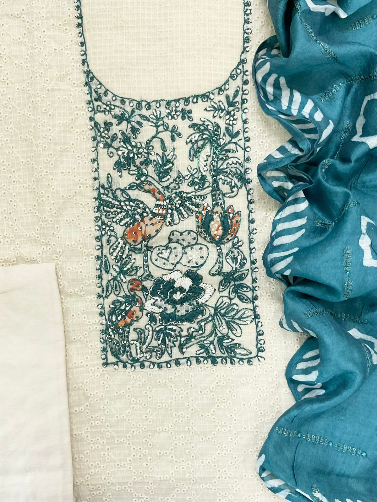 Pure Cotton Printed Embroidered Suit - Off White