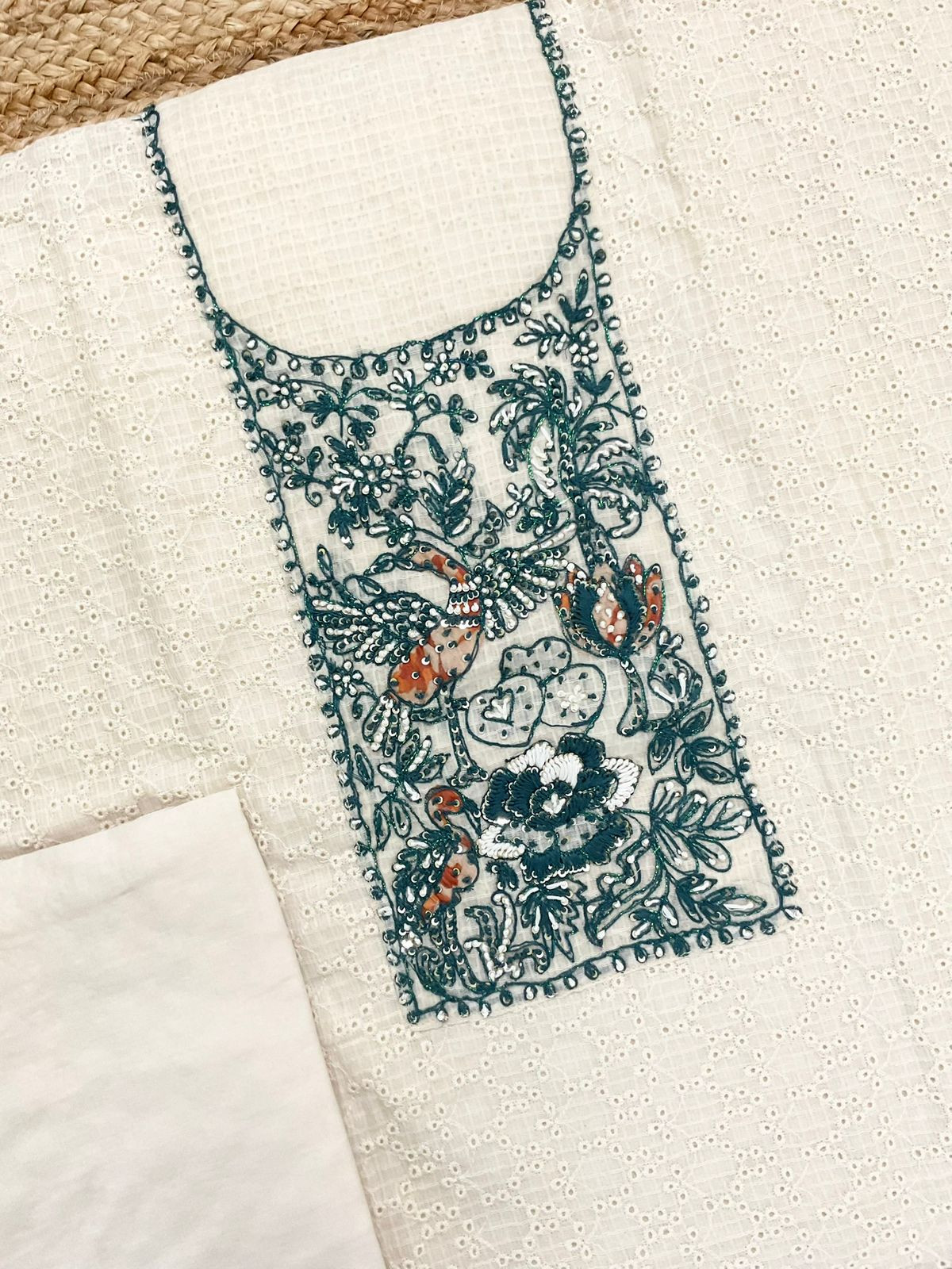 Pure Cotton Printed Embroidered Suit - Off White