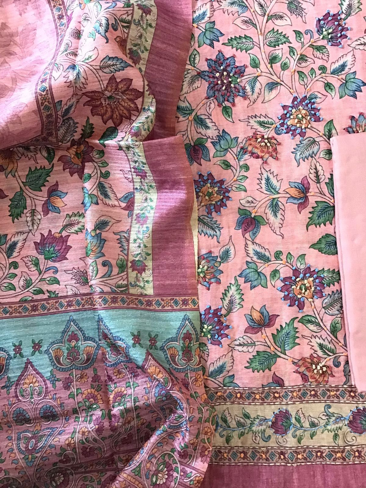 Soft Raw Silk Printed Embroidered Suit - Pink