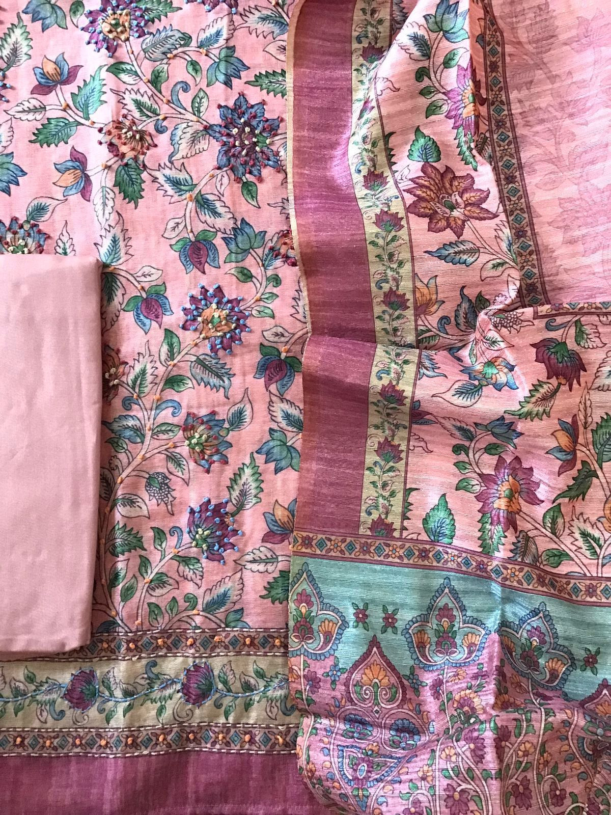 Soft Raw Silk Printed Embroidered Suit - Pink