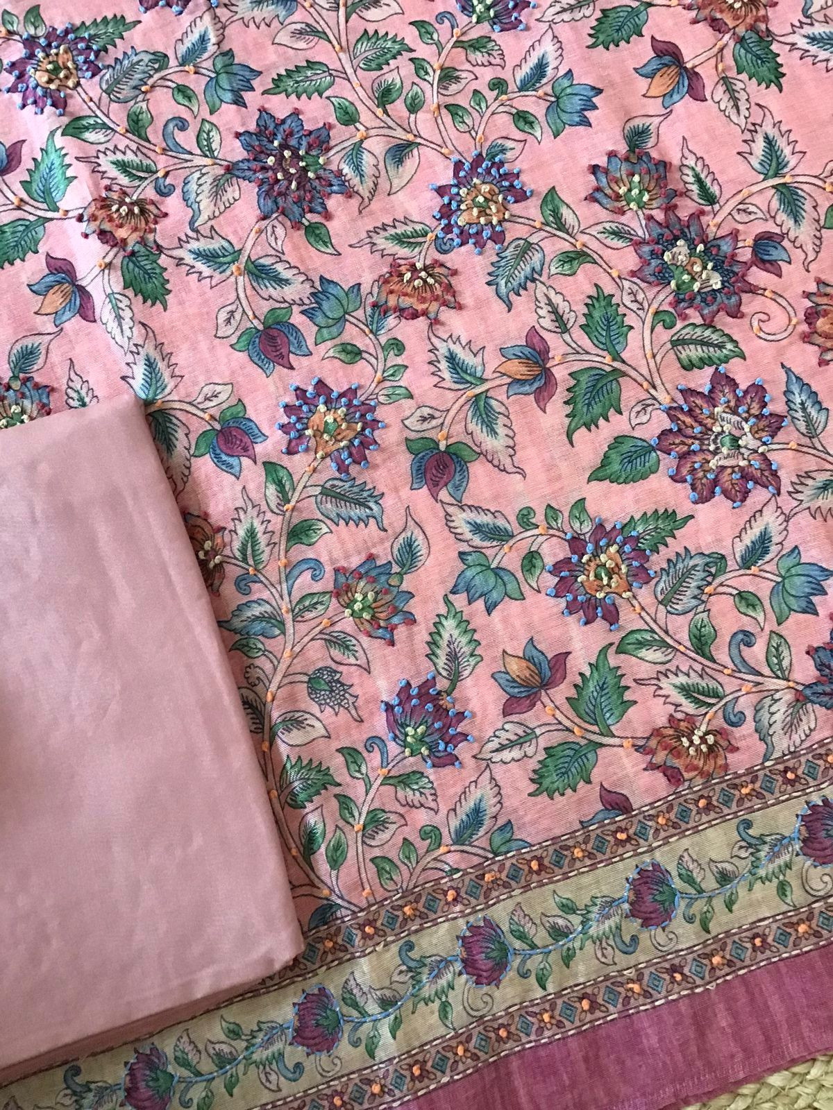 Soft Raw Silk Printed Embroidered Suit - Pink