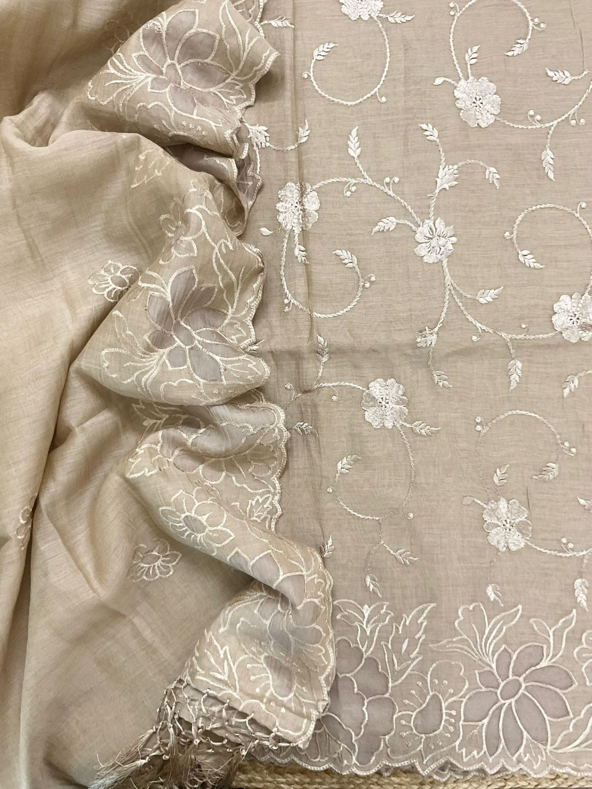Pure Mul Chanderi Embroidered Suit - Beige