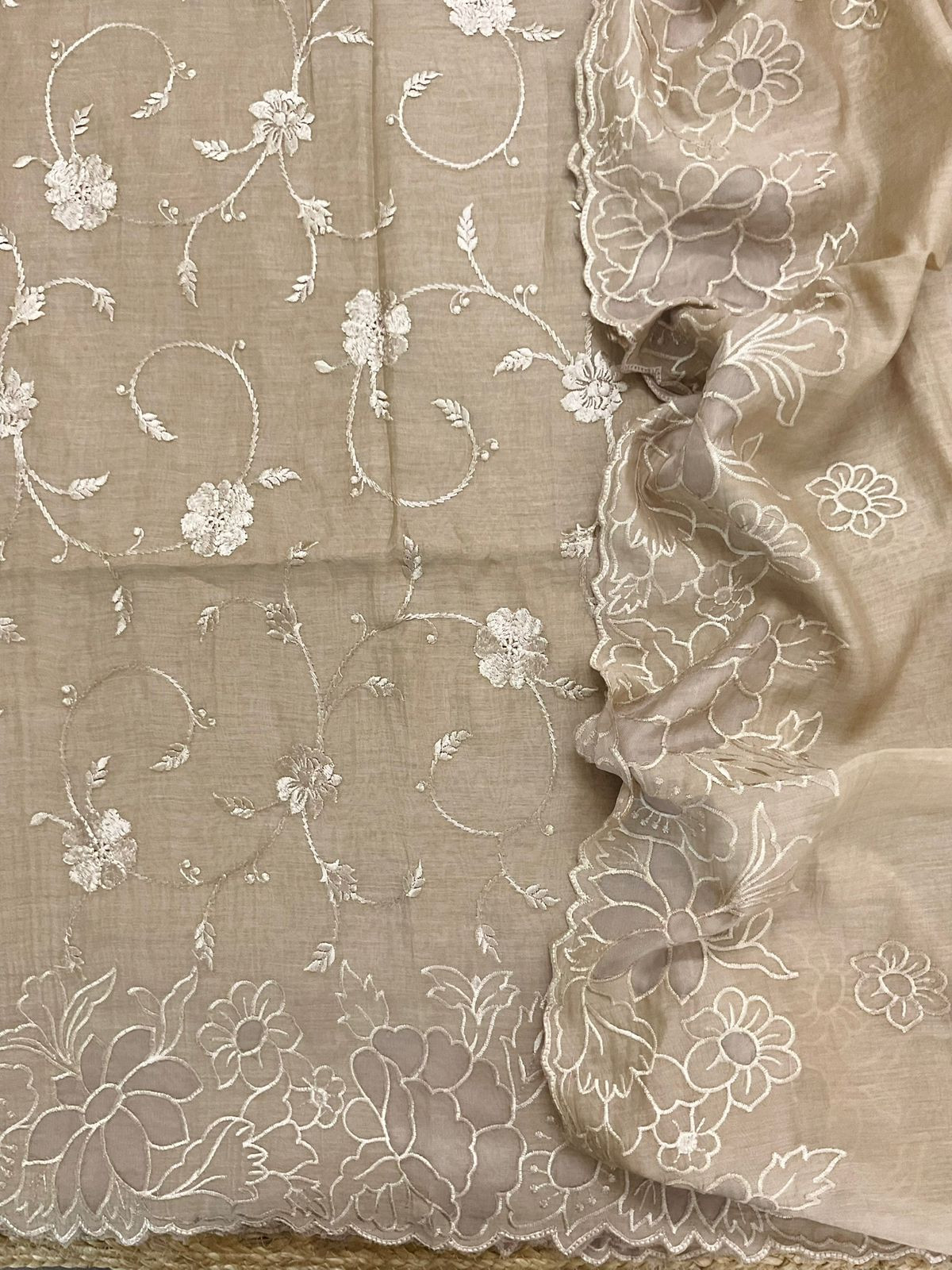 Pure Mul Chanderi Embroidered Suit - Beige
