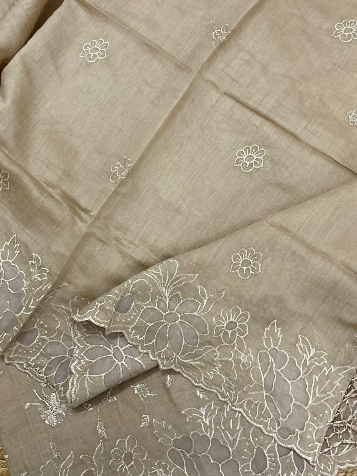 Pure Mul Chanderi Embroidered Suit - Beige