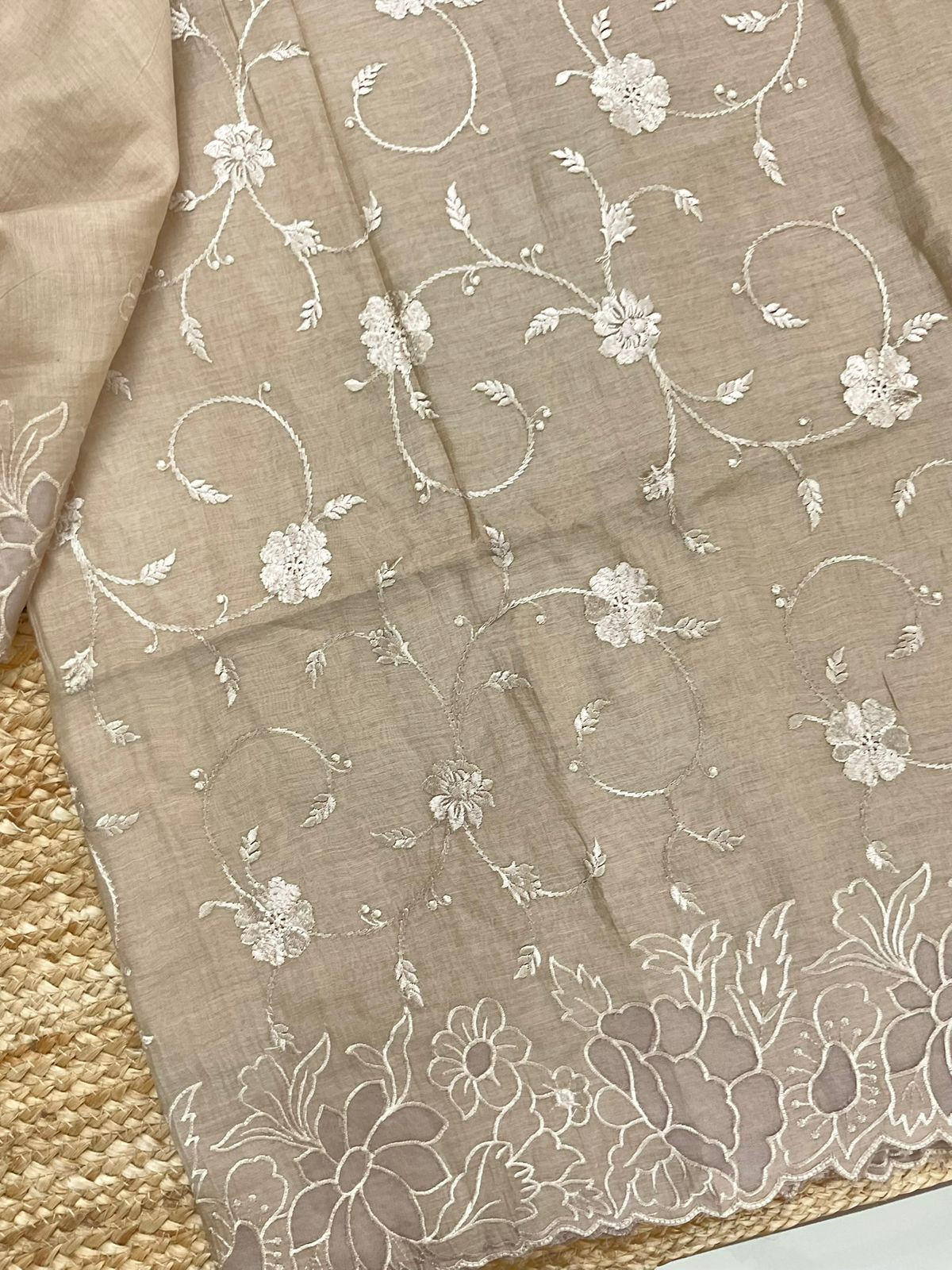 Pure Mul Chanderi Embroidered Suit - Beige