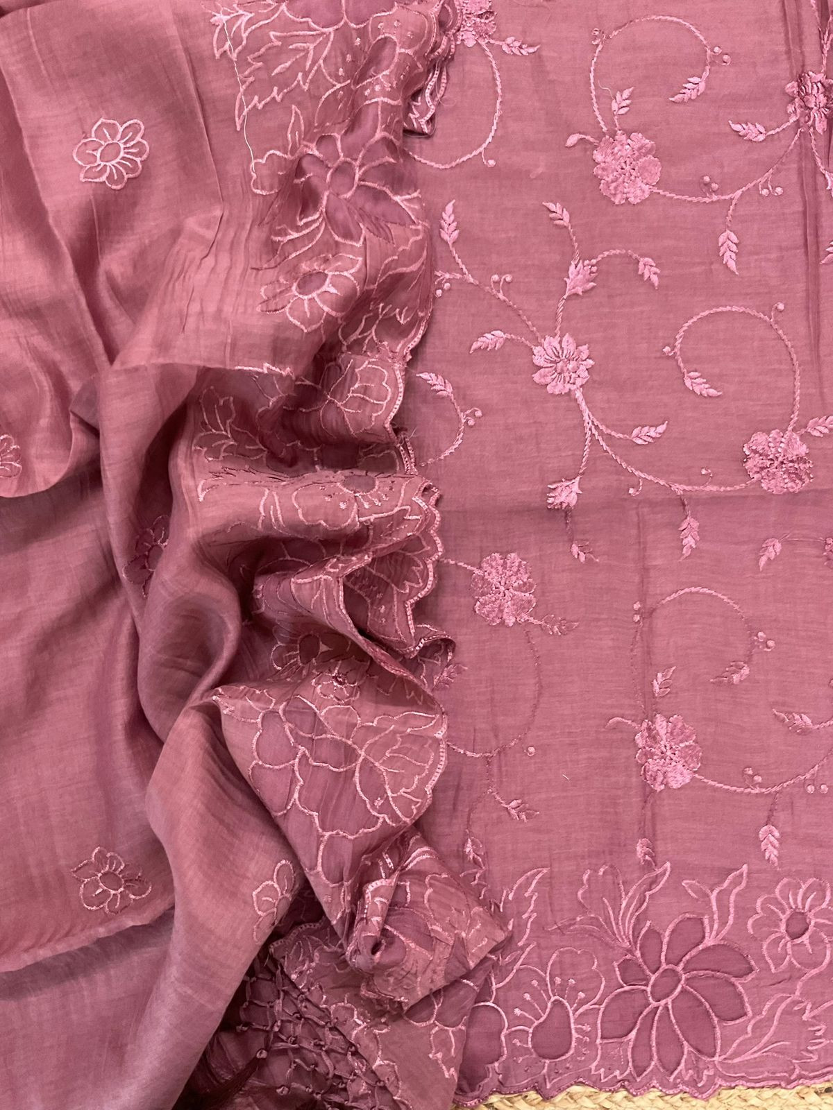 Pure Mul Chanderi Embroidered Suit - Dark Onion Pink