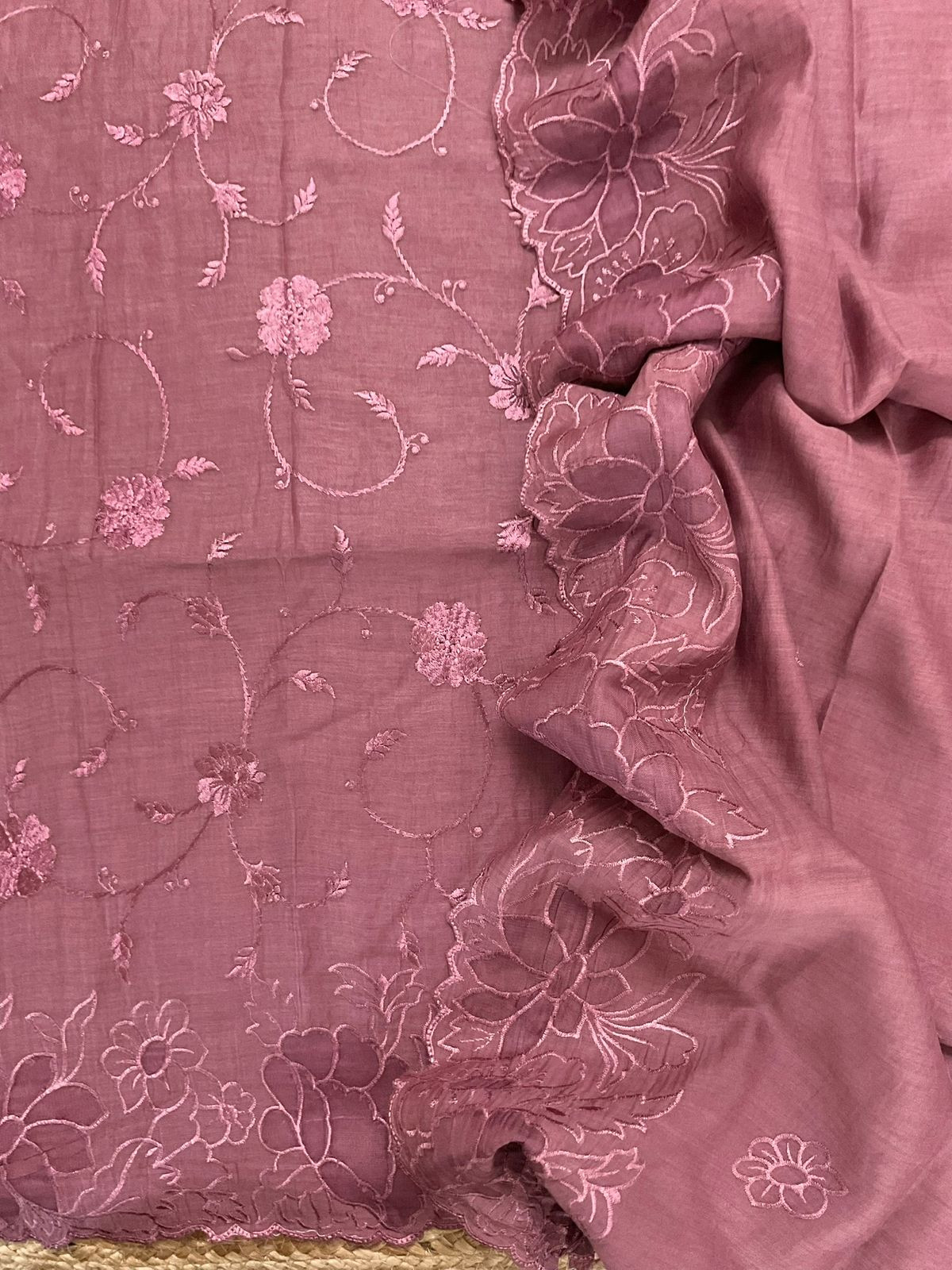 Pure Mul Chanderi Embroidered Suit - Dark Onion Pink