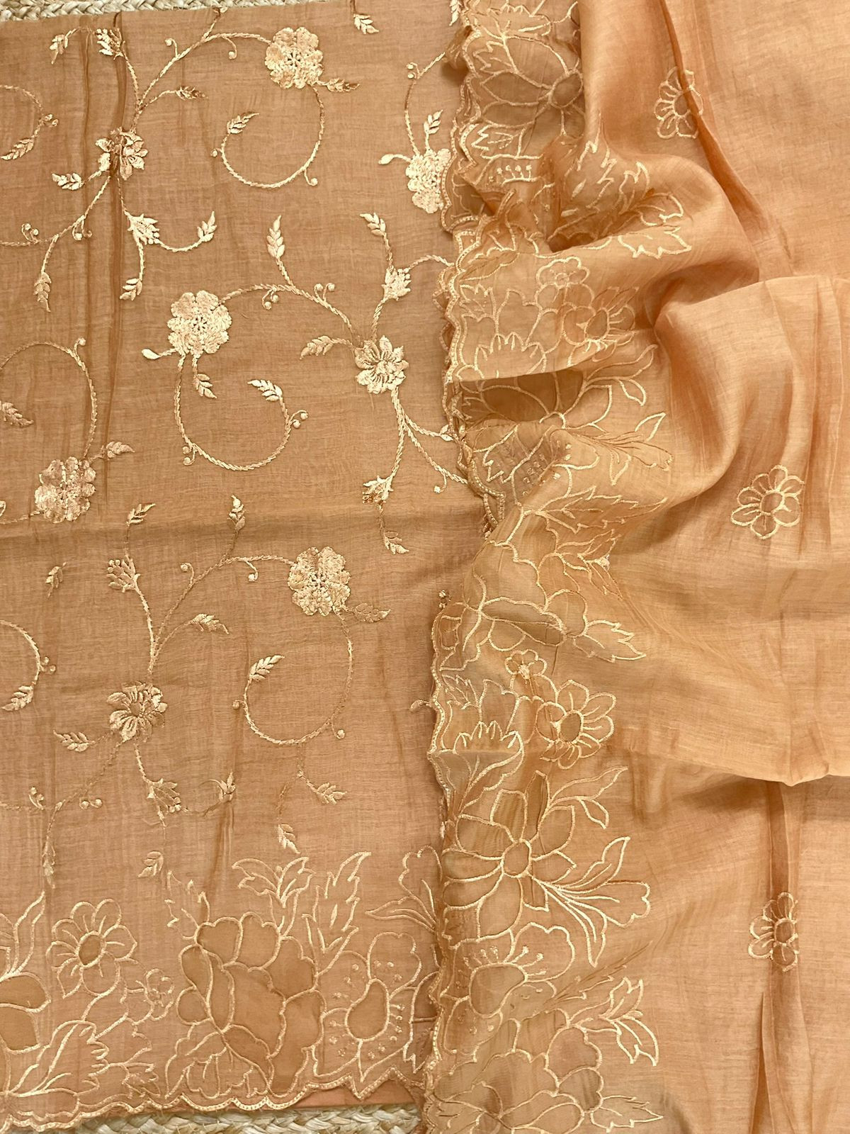 Pure Mul Chanderi Embroidered Suit - Golden Orange