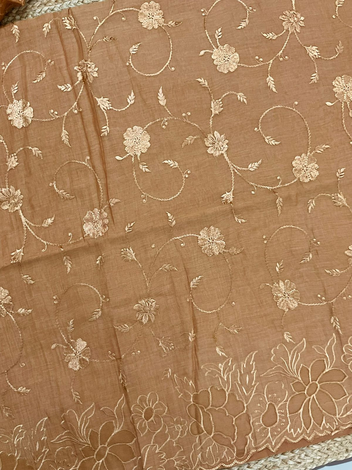 Pure Mul Chanderi Embroidered Suit - Golden Orange