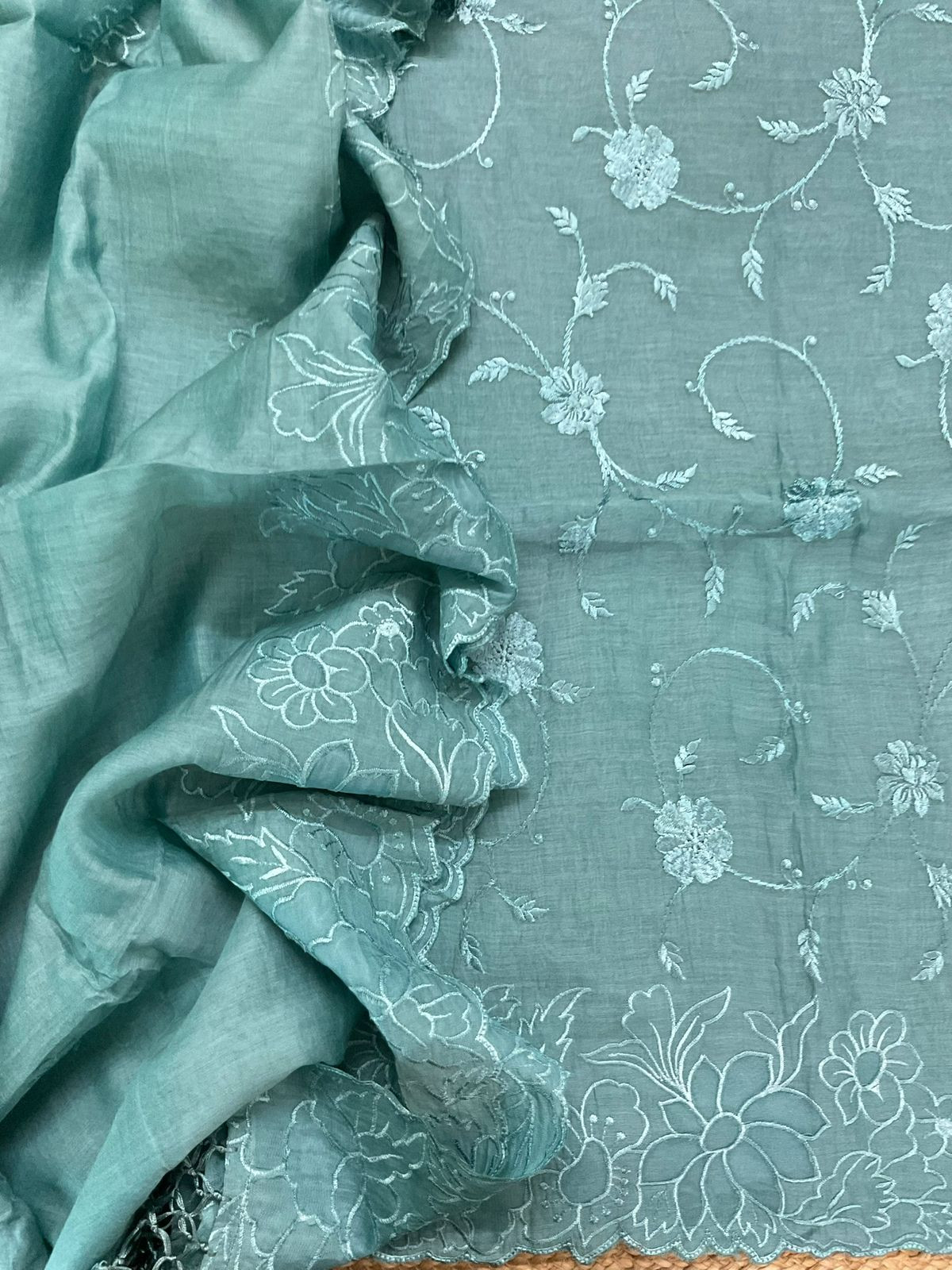 Pure Mul Chanderi Embroidered Suit - Blue