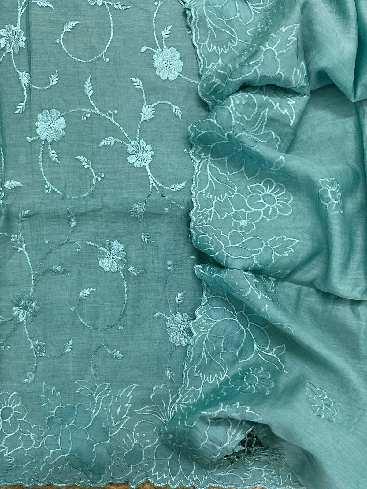 Pure Mul Chanderi Embroidered Suit - Blue