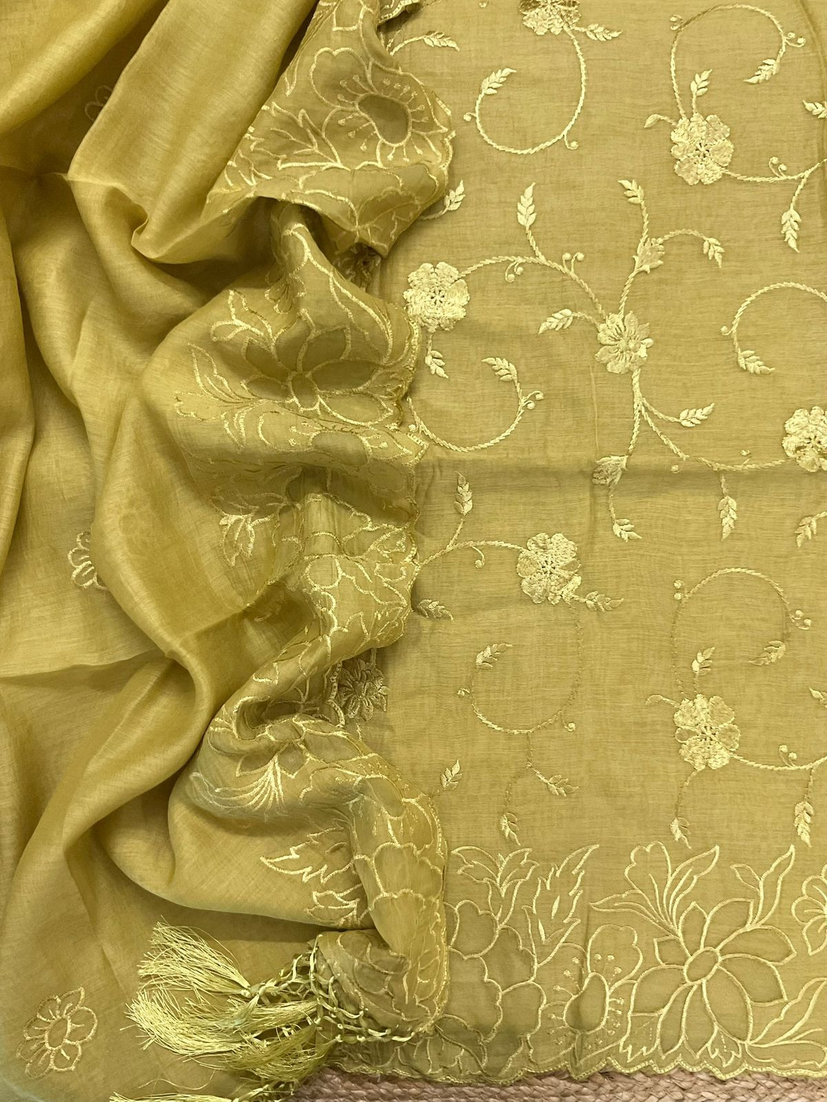 Pure Mul Chanderi Embroidered Suit - Green