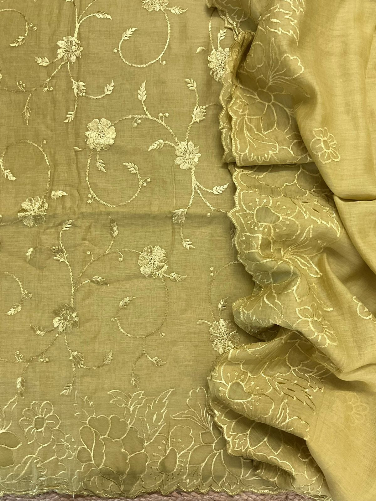 Pure Mul Chanderi Embroidered Suit - Green