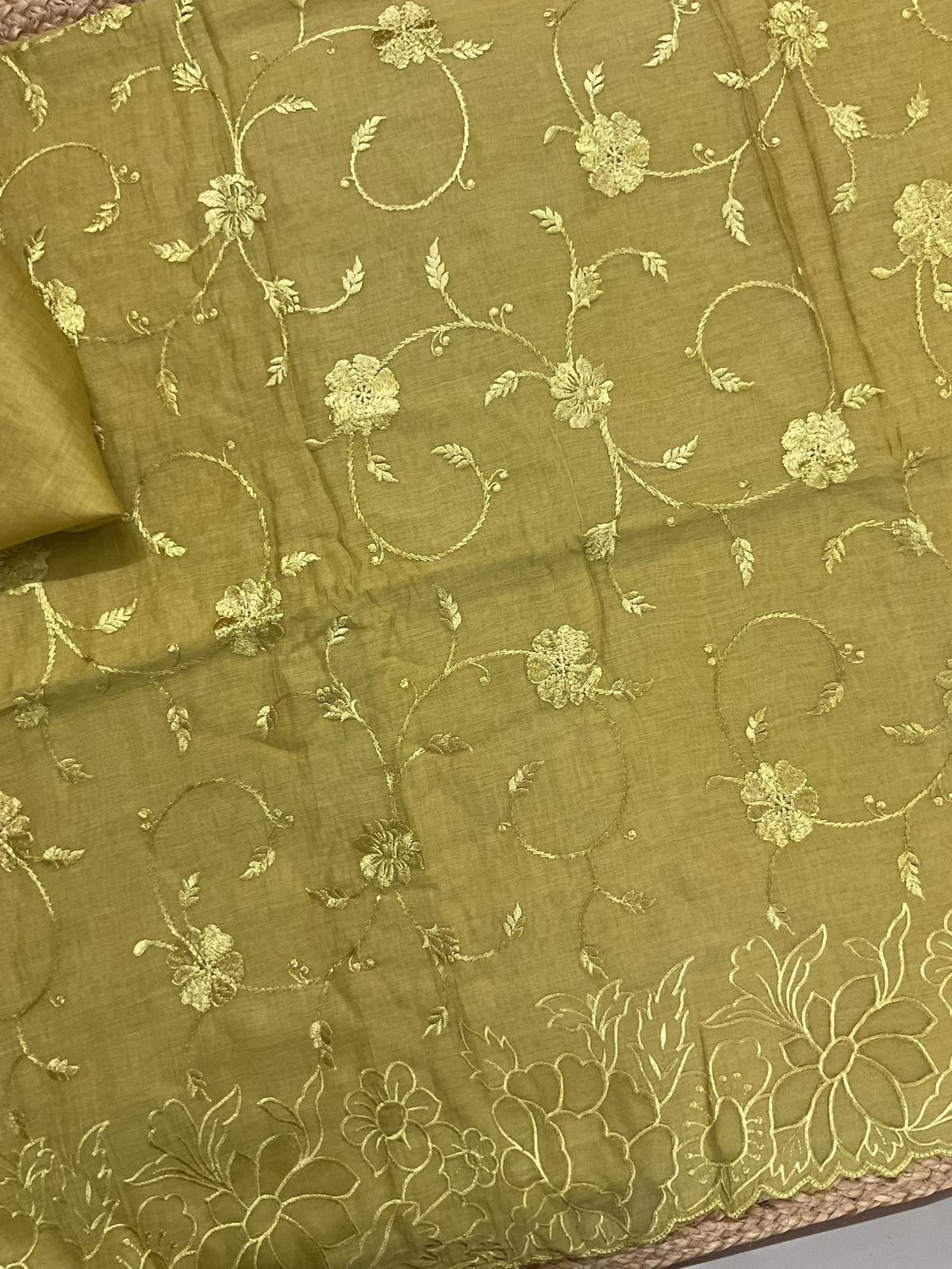 Pure Mul Chanderi Embroidered Suit - Green