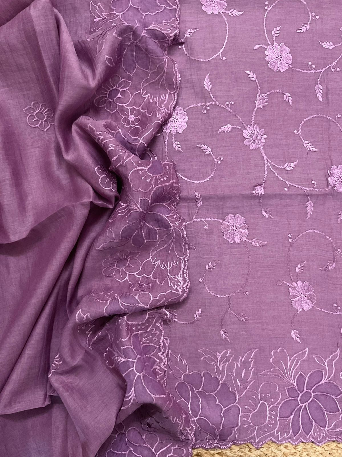 Pure Mul Chanderi Embroidered Suit - Purple
