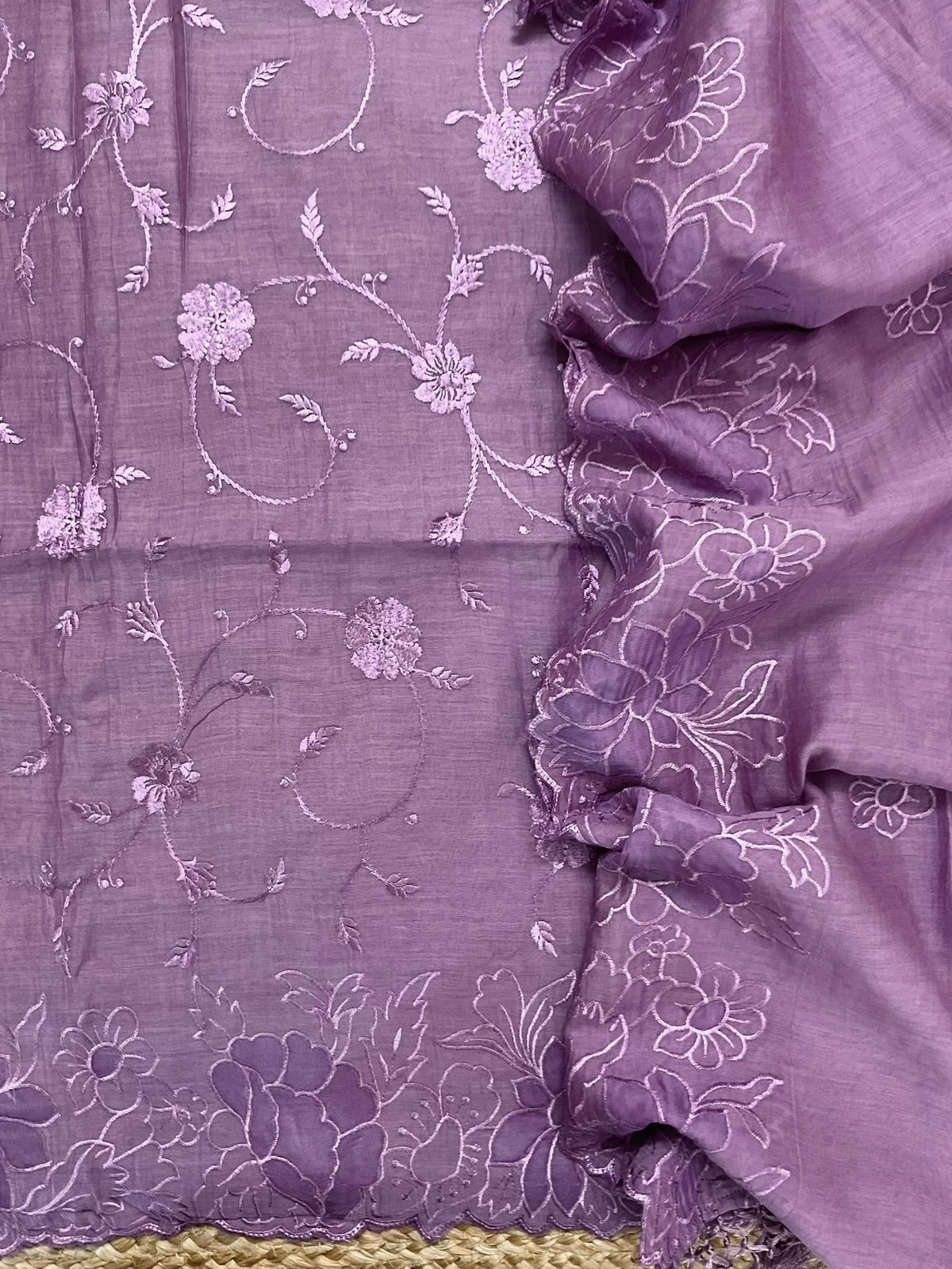 Pure Mul Chanderi Embroidered Suit - Purple