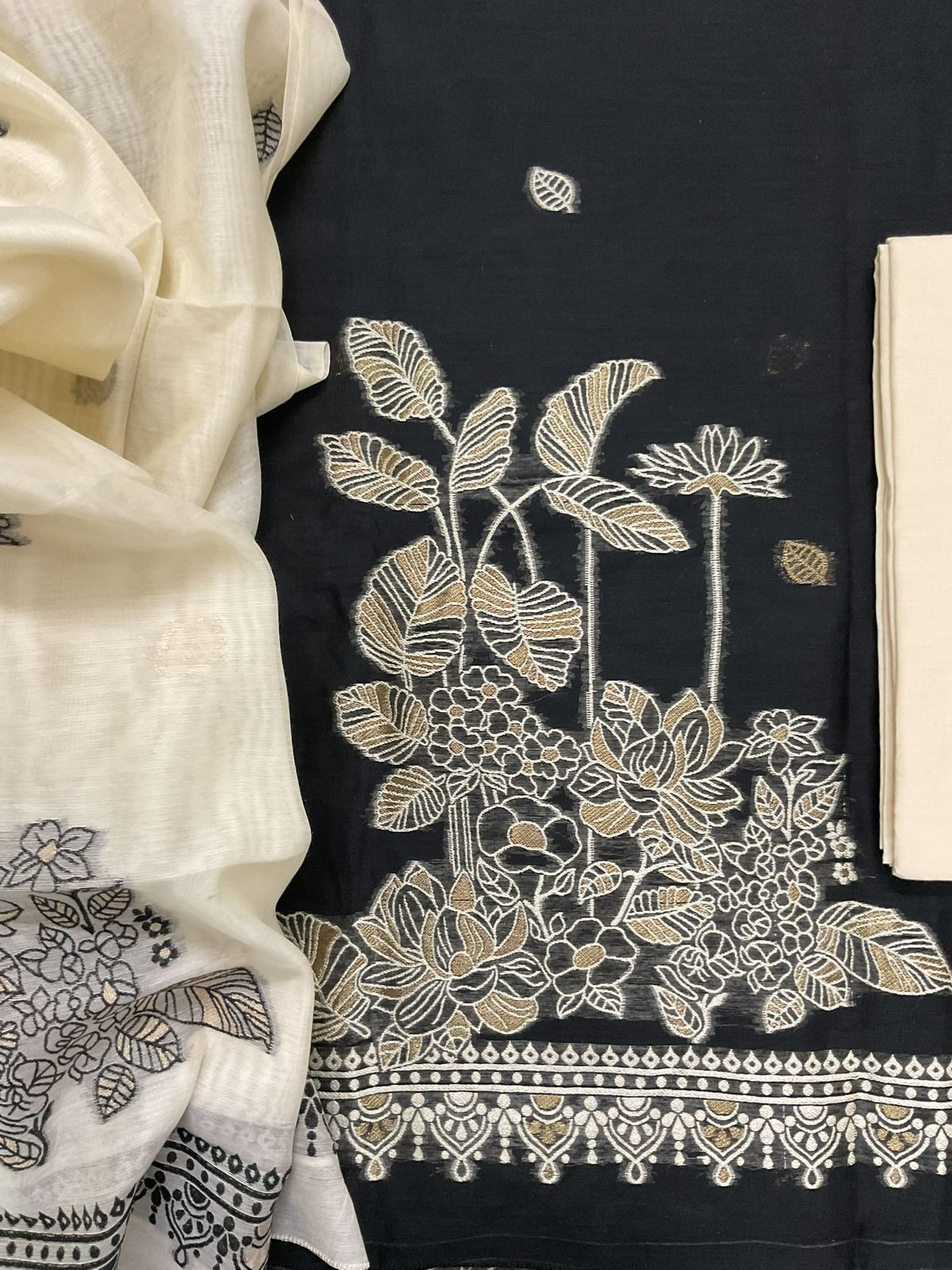 Soft Fine Slub Chanderi Jamdani Weaved Suit - Black