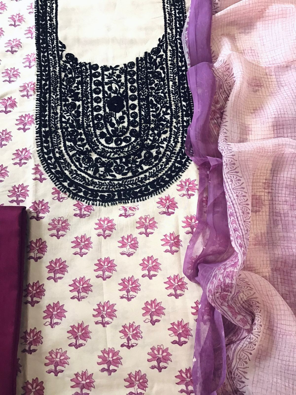 Pure Fine Cotton Silk Block Printed Embroidered Suit - Offwhite