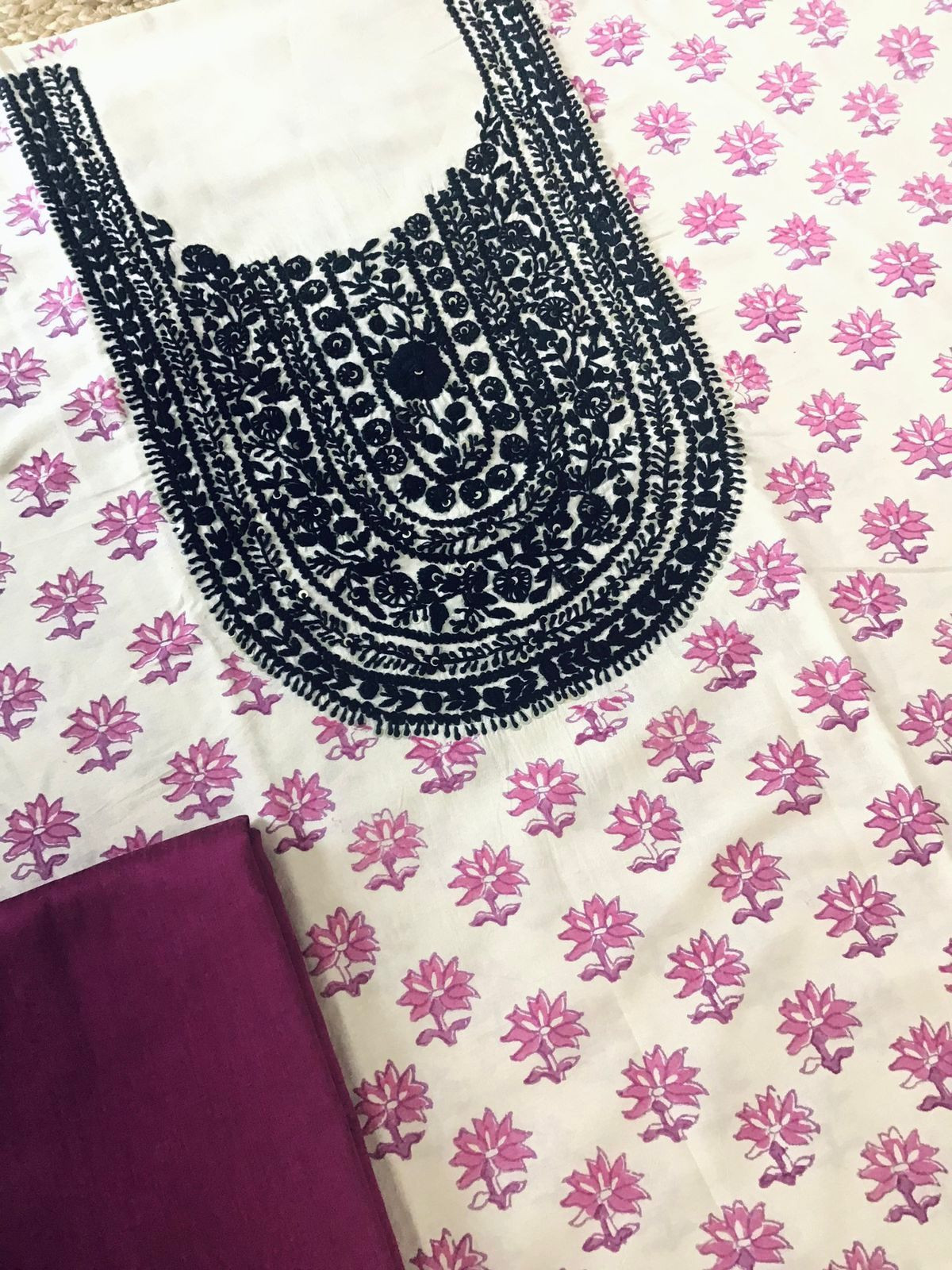 Pure Fine Cotton Silk Block Printed Embroidered Suit - Offwhite