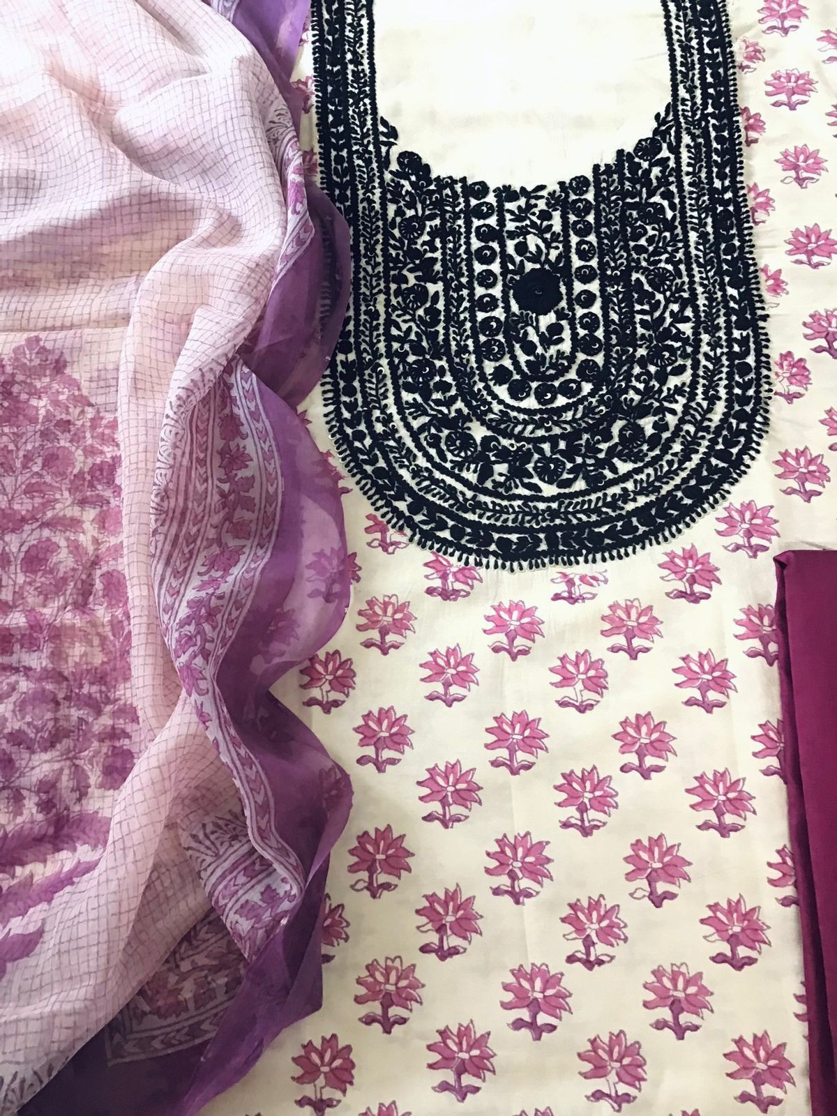 Pure Fine Cotton Silk Block Printed Embroidered Suit - Offwhite